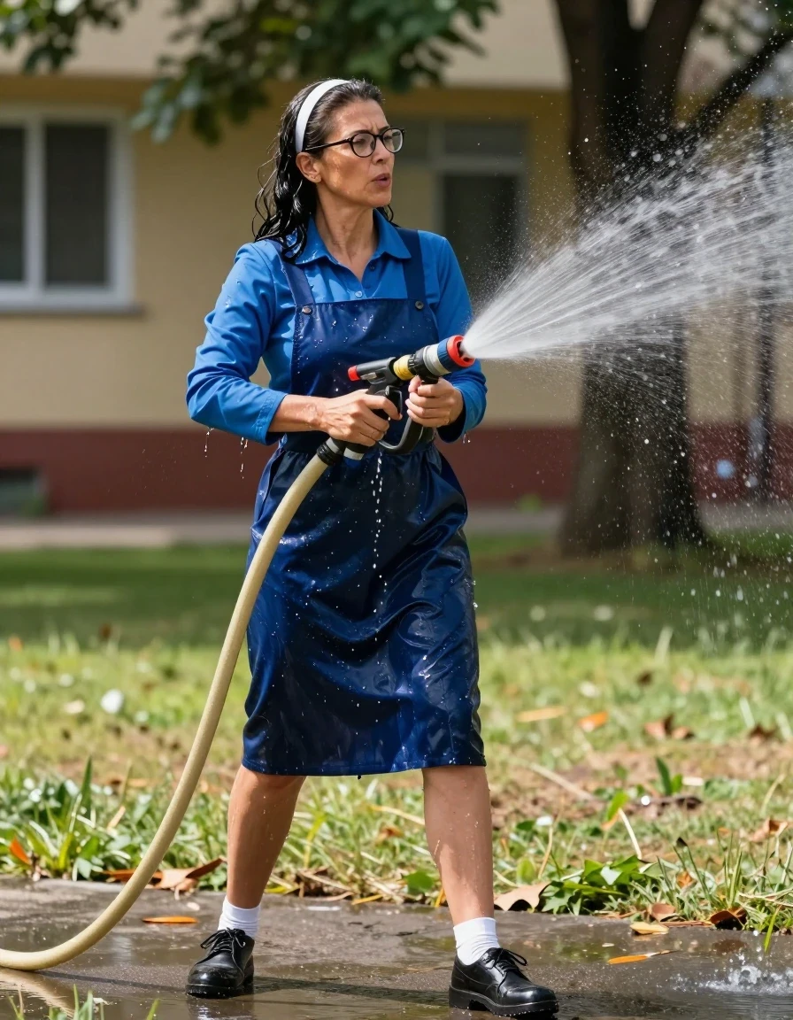 photo of young woman, in soaking wet, drenched clothes,
black shoes, white socks, long School blue pinafore to wear over a blue long-sleeved shirt, long School blue pinafore to wear over a blue long-sleeved shirt, spraying each other with the hose in the sunny schoolyard, enjoying wet clothes stuck body, enjoying, wet clothes stuck to body, 
enjoying, wet clothes stuck to body,
detailed textures of the wet clothes, wet face, wet plastered hair,
wet, drenched, professional, high-quality details, full body view.
sharp focus, ultra-high pixel detail, realistic, high-quality, full colors, incredibly detailed, 4k, 8k, 16k, hyper-realistic, RAW photo, masterpiece, ultra-detailed, professionally color graded, professional photograph, europen brunette skinny woman 50 years old, long dark black hair,white headband, office glasses, very big and thick lips, complete body, wet skin, wet clothes, damp fabric, wet skin, wet clothes, damp fabric, wet skin, wet clothes, damp fabric, wet skin, wet clothes, damp fabric, wet skin, wet clothes, damp fabric, wet skin, wet clothes, damp fabric, wet skin, wet clothes, damp fabric