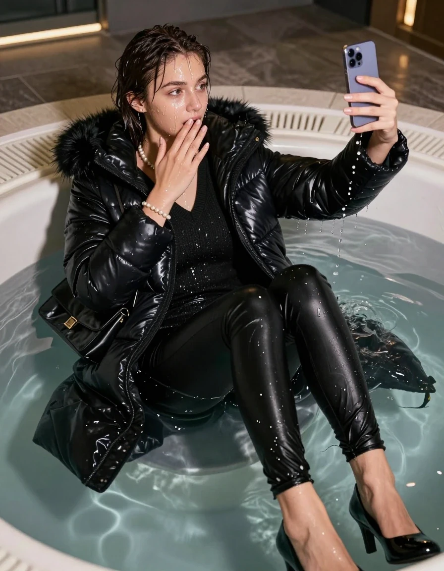 photo of young woman, in soaking wet, drenched clothes,
black heels, Tight black leatherleggings, black moncler long shiny puffer down coat with fur, Open jacket, tight v-neck sweater, shoulderbag, pearl necklace, bracelet, wristwatch, Steaming indoor jacuzzi at night, warm lightning, 
enjoying, wet clothes stuck to body,
detailed textures of the wet clothes, wet face, wet plastered hair,
wet, drenched, professional, high-quality details, full body view.
sharp focus, ultra-high pixel detail, realistic, high-quality, full colors, incredibly detailed, 4k, 8k, 16k, hyper-realistic, RAW photo, masterpiece, ultra-detailed, professionally color graded, professional photograph, A realistic vertical fashion photograph of a 15-year-old teenage girl lying half submerged into the water of a steaming indoor jacuzzi, facing away to show her back. She is tilting her head at camera, letting the water drench her hair so it is glued flat against her head and body. She has a collarbone bob, completely saturated and dripping wet hair, with water cascading down her face and neck. surprised expression. She hold a hand over her mouth and nose and take a selfie with her smartphone. open mouth, half closed eyes eyes. The lighting is bright and cinematic, highlighting the glistening water droplets on her skin and the saturated texture of her  casual clothes. Soft, moody indoor lighting with reflections on the water. High-quality fashion photography style.
her clothing is soaking wet and clinging tightly to her skin, showing heavy wet folds, darkened fabric texture, and deep water-saturated Patches, her clothes are heavy from the water, water runs from her body and her clothes in streams. A lot of water also runs out of her clothes. Her clothes are darkened by the water. 
hyper-realistic wetness, high-contrast water sheen, sharp focus, 16k resolution, professional photography, realistic water physics., wet skin, wet clothes, damp fabric, wet skin, wet clothes, damp fabric, wet skin, wet clothes, damp fabric, wet skin, wet clothes, damp fabric, wet skin, wet clothes, damp fabric, wet skin, wet clothes, damp fabric, wet skin, wet clothes, damp fabric, wet skin, wet clothes, damp fabric, wet skin, wet clothes, damp fabric, wet skin, wet clothes, damp fabric, wet skin, wet clothes, damp fabric, wet skin, wet clothes, damp fabric, wet skin, wet clothes, damp fabric, wet skin, wet clothes, damp fabric, wet skin, wet clothes, damp fabric, wet skin, wet clothes, damp fabric, wet skin, wet clothes, damp fabric, wet skin, wet clothes, damp fabric