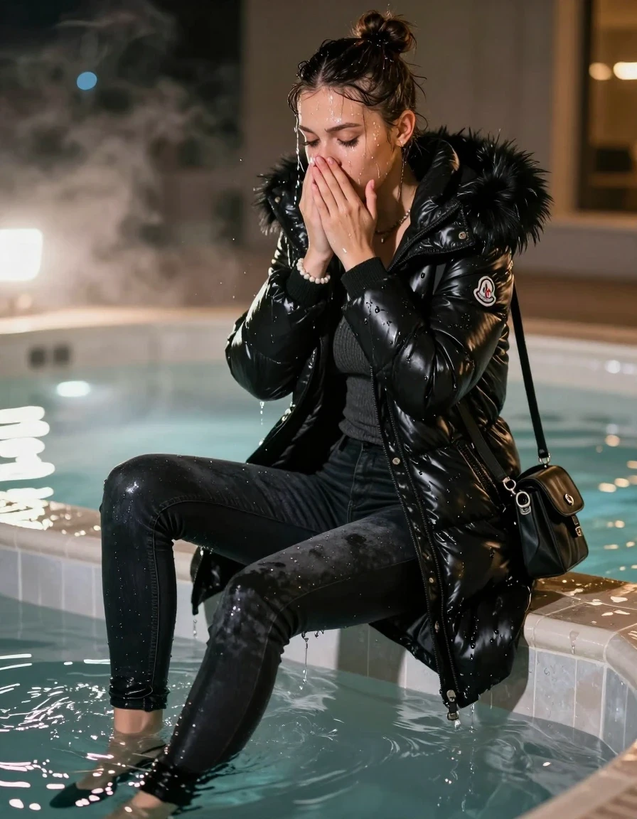 photo of young woman, in soaking wet, drenched clothes,
black heels, Dark skinny jeans, black moncler long shiny puffer down coat with fur, Open jacket, tight v-neck sweater, shoulderbag, pearl necklace, bracelet, wristwatch, Steaming indoor jacuzzi at night, warm lightning, 
enjoying, wet clothes stuck to body,
detailed textures of the wet clothes, wet face, wet plastered hair,
wet, drenched, professional, high-quality details, full body view.
sharp focus, ultra-high pixel detail, realistic, high-quality, full colors, incredibly detailed, 4k, 8k, 16k, hyper-realistic, RAW photo, masterpiece, ultra-detailed, professionally color graded, professional photograph, A realistic vertical fashion photograph of a 15-year-old teenage girl slides back from the edge into the water of a steaming indoor jacuzzi, facing down to show her back. She is tilting her head at camera, letting the water drench her hair so it is glued flat against her head and body. She has a topknot, completely saturated and dripping wet hair, with water cascading down her face and neck. Afraid and astonished expression. She hold her hands over her mouth and nose. half closed eyes eyes. The lighting is bright and cinematic, highlighting the glistening water droplets on her skin and the saturated texture of her  casual clothes. Soft, moody indoor lighting with reflections on the water. High-quality fashion photography style.
her clothing is soaking wet and clinging tightly to her skin, showing heavy wet folds, darkened fabric texture, and deep water-saturated Patches, her clothes are heavy from the water, water runs from her body and her clothes in streams. A lot of water also runs out of her clothes. Her clothes are darkened by the water. 
hyper-realistic wetness, high-contrast water sheen, sharp focus, 16k resolution, professional photography, realistic water physics., wet skin, wet clothes, damp fabric, wet skin, wet clothes, damp fabric, wet skin, wet clothes, damp fabric, wet skin, wet clothes, damp fabric, wet skin, wet clothes, damp fabric, wet skin, wet clothes, damp fabric, wet skin, wet clothes, damp fabric, wet skin, wet clothes, damp fabric, wet skin, wet clothes, damp fabric, wet skin, wet clothes, damp fabric, wet skin, wet clothes, damp fabric, wet skin, wet clothes, damp fabric, wet skin, wet clothes, damp fabric, wet skin, wet clothes, damp fabric, wet skin, wet clothes, damp fabric, wet skin, wet clothes, damp fabric, wet skin, wet clothes, damp fabric, wet skin, wet clothes, damp fabric