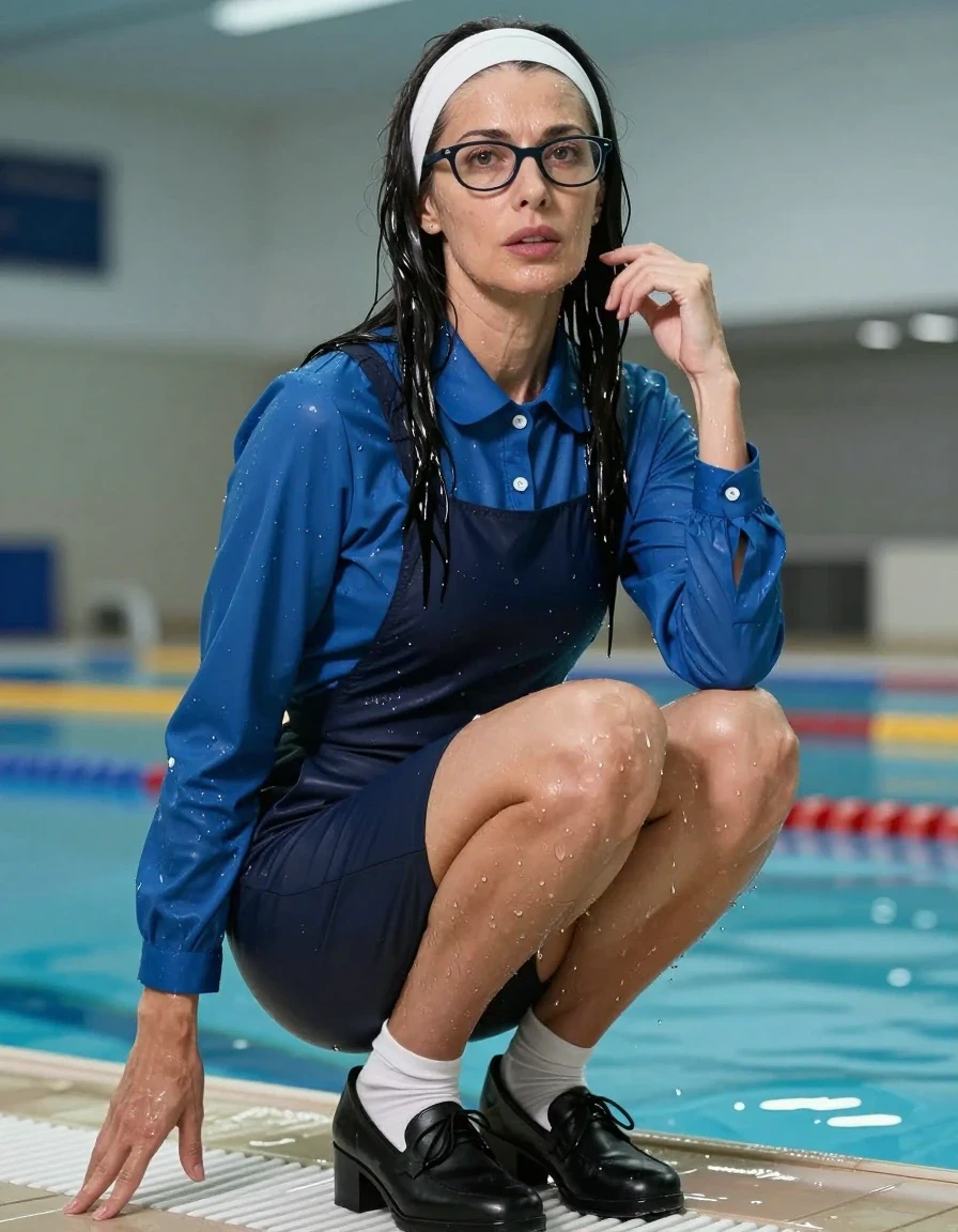 photo of young woman, in soaking wet, drenched clothes,
black shoes, white socks, School pinafore to wear over a blue long-sleeved shirt, School pinafore to wear over a blue long-sleeved shirt, shower after swim in indoor pool, enjoying wet clothes stuck body, enjoying, wet clothes stuck to body, 
enjoying, wet clothes stuck to body,
detailed textures of the wet clothes, wet face, wet plastered hair,
wet, drenched, professional, high-quality details, full body view.
sharp focus, ultra-high pixel detail, realistic, high-quality, full colors, incredibly detailed, 4k, 8k, 16k, hyper-realistic, RAW photo, masterpiece, ultra-detailed, professionally color graded, professional photograph, europen brunette skinny woman 50 years old, long dark black hair,white headband, office glasses, very big and thick lips, complete body, wet skin, wet clothes, damp fabric, wet skin, wet clothes, damp fabric, wet skin, wet clothes, damp fabric, wet skin, wet clothes, damp fabric, wet skin, wet clothes, damp fabric, wet skin, wet clothes, damp fabric, wet skin, wet clothes, damp fabric