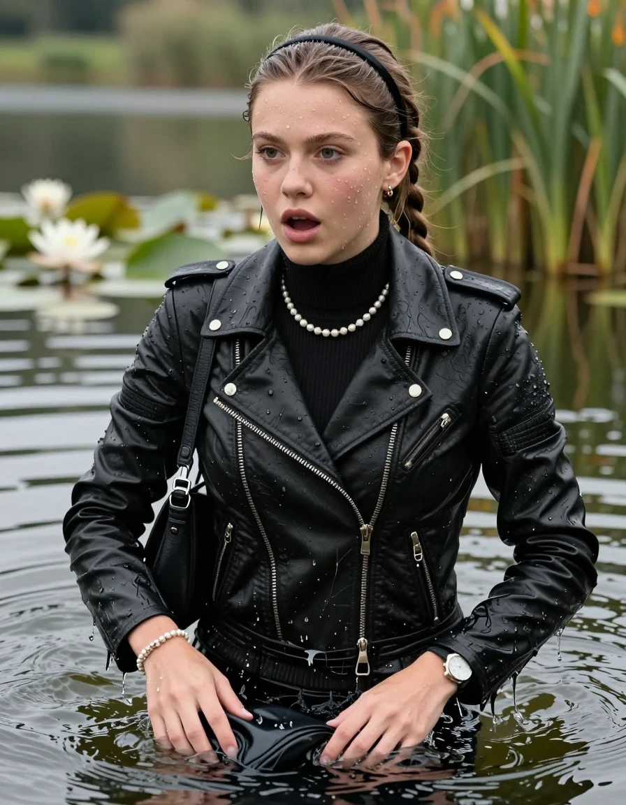 photo of young woman, in soaking wet, drenched clothes,
, , black biker leatherjacket,  closed jacket, tight knit turtleneck sweater belly free, shoulderbag, pearl necklace, bracelet, wristwatch, Swimming and sinking deep into the water after diving in a lake with water lilies and reeds, 
enjoying, wet clothes stuck to body,
detailed textures of the wet clothes, wet face, wet plastered hair,
wet, drenched, professional, high-quality details, full body view.
sharp focus, ultra-high pixel detail, realistic, high-quality, full colors, incredibly detailed, 4k, 8k, 16k, hyper-realistic, RAW photo, masterpiece, ultra-detailed, professionally color graded, professional photograph, braided hair, hairband

15 years old  teenage girl

Looking away, Whole body and shoulders are submerged under the surface. open mouth, big eyes. Make-up.

she is completely underwater up to her neck.

hands under water.

her submerged clothes are hardly vusible under water, she soaked her handbag into the water
she is completely underwater up to her neck, astonished expression. 

her clothing is soaking wet and clinging tightly to her skin, showing heavy wet folds, darkened fabric texture, and deep water-saturated Patches, her clothes are heavy from the water, water runs from her body and her clothes in streams. A lot of water also runs out of her clothes. Her clothes are darkened by the water. Her submerged clothes are good visible under the water.  she soaked her handbag into the water.

close up view, wet skin, wet clothes, wet hair, damp fabric, water runs down the clothes, wet skin, wet clothes, damp fabric. cinematic medium shot, hyper-realistic wetness, high-contrast water sheen, sharp focus, 16k resolution, professional photography, realistic water physics., wet skin, wet clothes, damp fabric, wet skin, wet clothes, damp fabric, wet skin, wet clothes, damp fabric, wet skin, wet clothes, damp fabric, wet skin, wet clothes, damp fabric