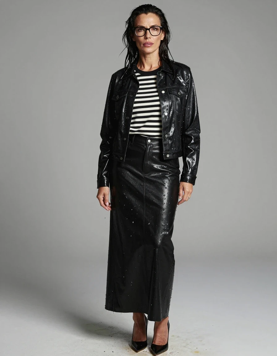 photo of young woman, in soaking wet, drenched clothes,
high-heeled shoes, shiny black leather denim maxi skirt, shiny black & wihite striped sweater, maxi shiny black denim jacket, enjoying wet clothes stuck body, enjoying, wet clothes stuck to body, 
enjoying, wet clothes stuck to body,
detailed textures of the wet clothes, wet face, wet plastered hair,
wet, drenched, professional, high-quality details, full body view.
sharp focus, ultra-high pixel detail, realistic, high-quality, full colors, incredibly detailed, 4k, 8k, 16k, hyper-realistic, RAW photo, masterpiece, ultra-detailed, professionally color graded, professional photograph, europen brunette skinny woman 50 years old, long dark black hair, office glasses, very big and thick lips, complete body, wet skin, wet clothes, damp fabric, wet skin, wet clothes, damp fabric, wet skin, wet clothes, damp fabric, wet skin, wet clothes, damp fabric, wet skin, wet clothes, damp fabric, wet skin, wet clothes, damp fabric, wet skin, wet clothes, damp fabric
