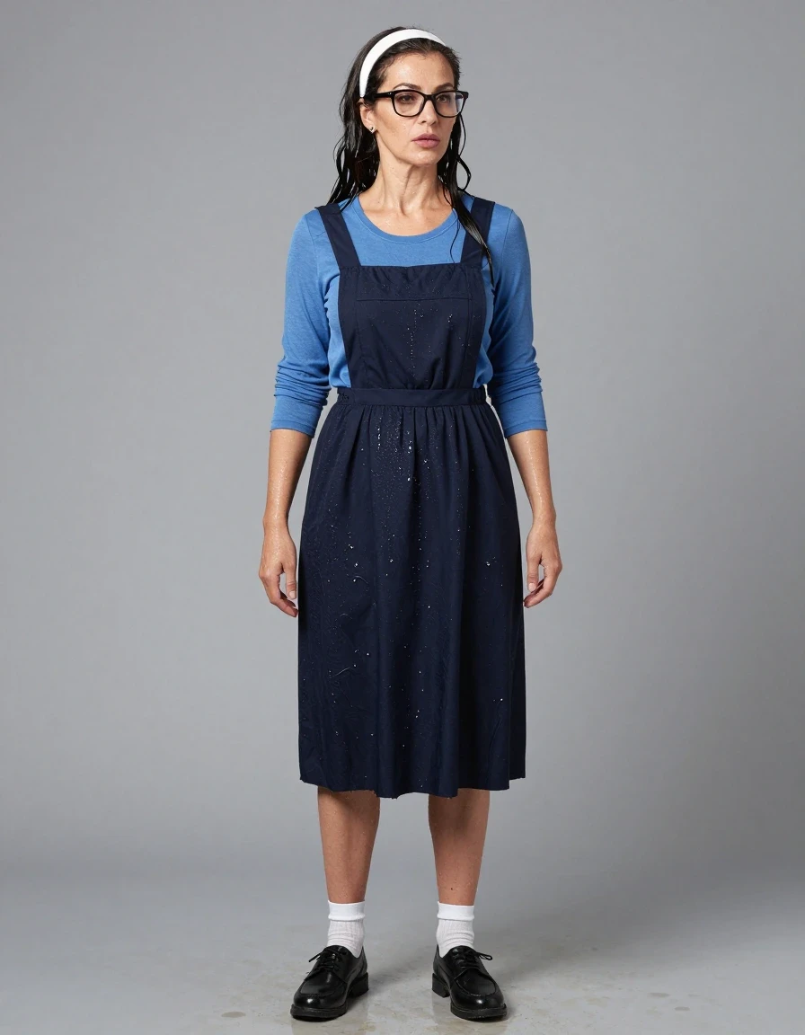photo of young woman, in soaking wet, drenched clothes,
black shoes, white socks, long School blue pinafore to wear over a blue long-sleeved shirt, long School blue pinafore to wear over a blue long-sleeved shirt, enjoying wet clothes stuck body, enjoying, wet clothes stuck to body, 
enjoying, wet clothes stuck to body,
detailed textures of the wet clothes, wet face, wet plastered hair,
wet, drenched, professional, high-quality details, full body view.
sharp focus, ultra-high pixel detail, realistic, high-quality, full colors, incredibly detailed, 4k, 8k, 16k, hyper-realistic, RAW photo, masterpiece, ultra-detailed, professionally color graded, professional photograph, europen brunette skinny woman 50 years old, long dark black hair,white headband, office glasses, very big and thick lips, complete body, wet skin, wet clothes, damp fabric, wet skin, wet clothes, damp fabric, wet skin, wet clothes, damp fabric, wet skin, wet clothes, damp fabric, wet skin, wet clothes, damp fabric, wet skin, wet clothes, damp fabric, wet skin, wet clothes, damp fabric