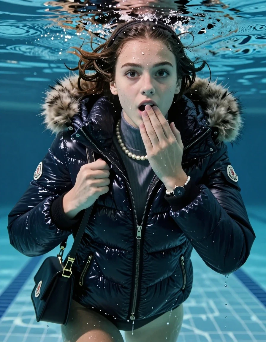 photo of young woman, in soaking wet, drenched clothes,
, , Moncler shiny puffer down jacket with fur, open jacket,  tight turtleneck sweater belly free, shoulderbag, pearl necklace, bracelet, wristwatch, Swimming and sinking deep into the water after diving in a glass-walled indoor swimming pool, 
enjoying, wet clothes stuck to body,
detailed textures of the wet clothes, wet face, wet plastered hair,
wet, drenched, professional, high-quality details, full body view.
sharp focus, ultra-high pixel detail, realistic, high-quality, full colors, incredibly detailed, 4k, 8k, 16k, hyper-realistic, RAW photo, masterpiece, ultra-detailed, professionally color graded, professional photograph, collarbone bob, hairband

15 years old  teenage girl

Looking away, Whole body and shoulders are submerged under the surface. open mouth, big eyes. Make-up.

she is completely underwater up to her neck.

one hand over her mouth.

her submerged clothes are hardly vusible under water, she soaked her handbag into the water
she is completely underwater up to her neck, astonished expression. 

her clothing is soaking wet and clinging tightly to her skin, showing heavy wet folds, darkened fabric texture, and deep water-saturated Patches, her clothes are heavy from the water, water runs from her body and her clothes in streams. A lot of water also runs out of her clothes. Her clothes are darkened by the water. Her submerged clothes are good visible under the water.  she soaked her handbag into the water.

close up view, wet skin, wet clothes, wet hair, damp fabric, water runs down the clothes, wet skin, wet clothes, damp fabric. cinematic medium shot, hyper-realistic wetness, high-contrast water sheen, sharp focus, 16k resolution, professional photography, realistic water physics., wet skin, wet clothes, damp fabric, wet skin, wet clothes, damp fabric, wet skin, wet clothes, damp fabric, wet skin, wet clothes, damp fabric, wet skin, wet clothes, damp fabric, wet skin, wet clothes, damp fabric