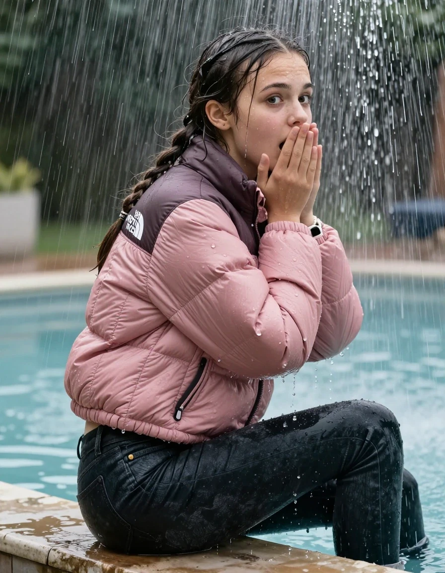 photo of young woman, in soaking wet, drenched clothes,
, Dark skinny jeans, Pink north face puffer down jacket, Open jacket, tight v-neck sweater, shoulderbag, pearl necklace, bracelet, wristwatch, Steaming outdoor jacuzzi , 
enjoying, wet clothes stuck to body,
detailed textures of the wet clothes, wet face, wet plastered hair,
wet, drenched, professional, high-quality details, full body view.
sharp focus, ultra-high pixel detail, realistic, high-quality, full colors, incredibly detailed, 4k, 8k, 16k, hyper-realistic, RAW photo, masterpiece, ultra-detailed, professionally color graded, professional photograph, A realistic vertical fashion photograph taken from a backward, behind-the-back angle of a 15-year-old teenage girl sitting on the edge of the pool while it pours water on her during a heavy storm, facing to the camera to show her back. She is tilting her head at camera, letting the water drench her hair so it is glued flat against her head and body. She has two long braids , completely saturated and dripping wet hair, with water cascading down her face and neck. Afraid and astonished expression. cover her mouth with her hands. open mouth, big eyes. The lighting is bright and cinematic, highlighting the glistening water droplets on her skin and the saturated texture of her  casual clothes. Soft, moody indoor lighting with reflections on the water. High-quality fashion photography style.
her clothing is soaking wet and clinging tightly to her skin, showing heavy wet folds, darkened fabric texture, and deep water-saturated Patches, her clothes are heavy from the water, water runs from her body and her clothes in streams. A lot of water also runs out of her clothes. Her clothes are darkened by the water. 
hyper-realistic wetness, high-contrast water sheen, sharp focus, 16k resolution, professional photography, realistic water physics., wet skin, wet clothes, damp fabric, wet skin, wet clothes, damp fabric, wet skin, wet clothes, damp fabric, wet skin, wet clothes, damp fabric, wet skin, wet clothes, damp fabric, wet skin, wet clothes, damp fabric, wet skin, wet clothes, damp fabric, wet skin, wet clothes, damp fabric, wet skin, wet clothes, damp fabric, wet skin, wet clothes, damp fabric, wet skin, wet clothes, damp fabric, wet skin, wet clothes, damp fabric, wet skin, wet clothes, damp fabric, wet skin, wet clothes, damp fabric, wet skin, wet clothes, damp fabric, wet skin, wet clothes, damp fabric