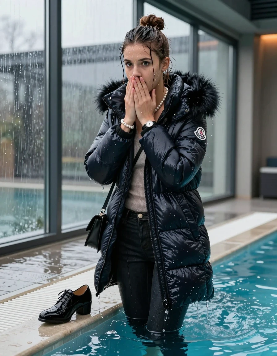 photo of young woman, in soaking wet, drenched clothes,
black heels, Dark skinny jeans, moncler long shiny puffer down coat with fur, Open jacket, tight v-neck sweater, shoulderbag, pearl necklace, bracelet, wristwatch, Steaming indoor jacuzzi , 
enjoying, wet clothes stuck to body,
detailed textures of the wet clothes, wet face, wet plastered hair,
wet, drenched, professional, high-quality details, full body view.
sharp focus, ultra-high pixel detail, realistic, high-quality, full colors, incredibly detailed, 4k, 8k, 16k, hyper-realistic, RAW photo, masterpiece, ultra-detailed, professionally color graded, professional photograph, A realistic vertical fashion photograph of a 15-year-old teenage girl slides back from the edge into the water of a glass-walled outdoor swimming pool, facing to the camera to show her back. She is tilting her head at camera, letting the water drench her hair so it is glued flat against her head and body. She has half-up hair with a topknot, completely saturated and dripping wet hair, with water cascading down her face and neck. Afraid and astonished expression. She hold her hands over her mouth. big eyes. The lighting is bright and cinematic, highlighting the glistening water droplets on her skin and the saturated texture of her  casual clothes. Outside the large glass wall of the pool building, heavy rain is visible falling against the window. Soft, moody indoor lighting with reflections on the water. High-quality fashion photography style.
her clothing is soaking wet and clinging tightly to her skin, showing heavy wet folds, darkened fabric texture, and deep water-saturated Patches, her clothes are heavy from the water, water runs from her body and her clothes in streams. A lot of water also runs out of her clothes. Her clothes are darkened by the water. 
hyper-realistic wetness, high-contrast water sheen, sharp focus, 16k resolution, professional photography, realistic water physics., wet skin, wet clothes, damp fabric, wet skin, wet clothes, damp fabric, wet skin, wet clothes, damp fabric, wet skin, wet clothes, damp fabric, wet skin, wet clothes, damp fabric, wet skin, wet clothes, damp fabric, wet skin, wet clothes, damp fabric, wet skin, wet clothes, damp fabric, wet skin, wet clothes, damp fabric, wet skin, wet clothes, damp fabric, wet skin, wet clothes, damp fabric, wet skin, wet clothes, damp fabric, wet skin, wet clothes, damp fabric, wet skin, wet clothes, damp fabric, wet skin, wet clothes, damp fabric, wet skin, wet clothes, damp fabric, wet skin, wet clothes, damp fabric, wet skin, wet clothes, damp fabric