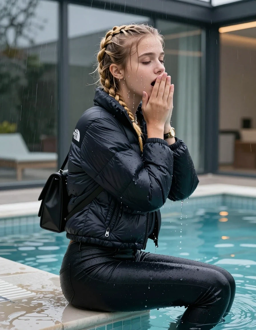 photo of young woman, in soaking wet, drenched clothes,
, Dark skinny jeans,  north face puffer down jacket, Open jacket, tight v-neck sweater, shoulderbag, pearl necklace, bracelet, wristwatch, Steaming indoor jacuzzi , 
enjoying, wet clothes stuck to body,
detailed textures of the wet clothes, wet face, wet plastered hair,
wet, drenched, professional, high-quality details, full body view.
sharp focus, ultra-high pixel detail, realistic, high-quality, full colors, incredibly detailed, 4k, 8k, 16k, hyper-realistic, RAW photo, masterpiece, ultra-detailed, professionally color graded, professional photograph, A realistic vertical fashion photograph taken from a backward, behind-the-back angle of a 15-year-old teenage girl sitting  in a glass-walled outdoor swimming pool, facing to the camera to show her back. She is tilting her head at camera, letting the water drench her hair so it is glued flat against her head and body. She has two blonde long braids , completely saturated and dripping wet hair, with water cascading down her face and neck. Afraid and astonished expression. cover her mouth with her hands. open mouth, closed eyes. The lighting is bright and cinematic, highlighting the glistening water droplets on her skin and the saturated texture of her  casual clothes. Outside the large glass wall of the pool building, heavy rain is visible falling against the window. Soft, moody indoor lighting with reflections on the water. High-quality fashion photography style.
her clothing is soaking wet and clinging tightly to her skin, showing heavy wet folds, darkened fabric texture, and deep water-saturated Patches, her clothes are heavy from the water, water runs from her body and her clothes in streams. A lot of water also runs out of her clothes. Her clothes are darkened by the water. 
hyper-realistic wetness, high-contrast water sheen, sharp focus, 16k resolution, professional photography, realistic water physics., wet skin, wet clothes, damp fabric, wet skin, wet clothes, damp fabric, wet skin, wet clothes, damp fabric, wet skin, wet clothes, damp fabric, wet skin, wet clothes, damp fabric, wet skin, wet clothes, damp fabric, wet skin, wet clothes, damp fabric, wet skin, wet clothes, damp fabric, wet skin, wet clothes, damp fabric, wet skin, wet clothes, damp fabric, wet skin, wet clothes, damp fabric, wet skin, wet clothes, damp fabric, wet skin, wet clothes, damp fabric, wet skin, wet clothes, damp fabric, wet skin, wet clothes, damp fabric, wet skin, wet clothes, damp fabric