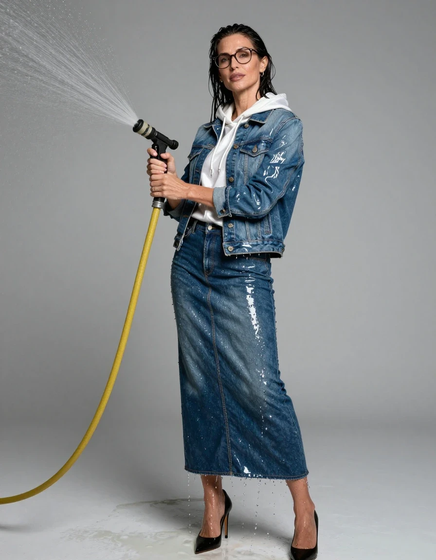 photo of young woman, in soaking wet, drenched clothes,
high-heeled shoes, shiny blue denim maxi skirt, shiny white hoodie, shiny blue maxi denim jacket, spraying each other with the hose, enjoying wet clothes stuck body, enjoying, wet clothes stuck to body, 
enjoying, wet clothes stuck to body,
detailed textures of the wet clothes, wet face, wet plastered hair,
wet, drenched, professional, high-quality details, full body view.
sharp focus, ultra-high pixel detail, realistic, high-quality, full colors, incredibly detailed, 4k, 8k, 16k, hyper-realistic, RAW photo, masterpiece, ultra-detailed, professionally color graded, professional photograph, europen brunette skinny woman 50 years old, long dark black hair, office glasses, very big and thick lips, complete body, wet skin, wet clothes, damp fabric, wet skin, wet clothes, damp fabric, wet skin, wet clothes, damp fabric, wet skin, wet clothes, damp fabric, wet skin, wet clothes, damp fabric, wet skin, wet clothes, damp fabric, wet skin, wet clothes, damp fabric