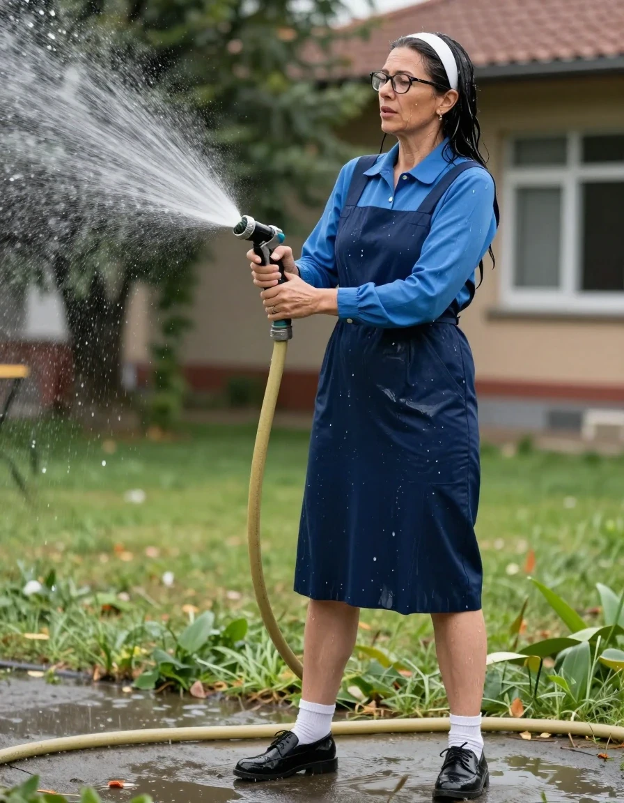 photo of young woman, in soaking wet, drenched clothes,
black shoes, white socks, long School blue pinafore to wear over a blue long-sleeved shirt, long School blue pinafore to wear over a blue long-sleeved shirt, spraying each other with the hose in the schoolyard, enjoying wet clothes stuck body, enjoying, wet clothes stuck to body, 
enjoying, wet clothes stuck to body,
detailed textures of the wet clothes, wet face, wet plastered hair,
wet, drenched, professional, high-quality details, full body view.
sharp focus, ultra-high pixel detail, realistic, high-quality, full colors, incredibly detailed, 4k, 8k, 16k, hyper-realistic, RAW photo, masterpiece, ultra-detailed, professionally color graded, professional photograph, europen brunette skinny woman 50 years old, long dark black hair,white headband, office glasses, very big and thick lips, complete body, wet skin, wet clothes, damp fabric, wet skin, wet clothes, damp fabric, wet skin, wet clothes, damp fabric, wet skin, wet clothes, damp fabric, wet skin, wet clothes, damp fabric, wet skin, wet clothes, damp fabric, wet skin, wet clothes, damp fabric