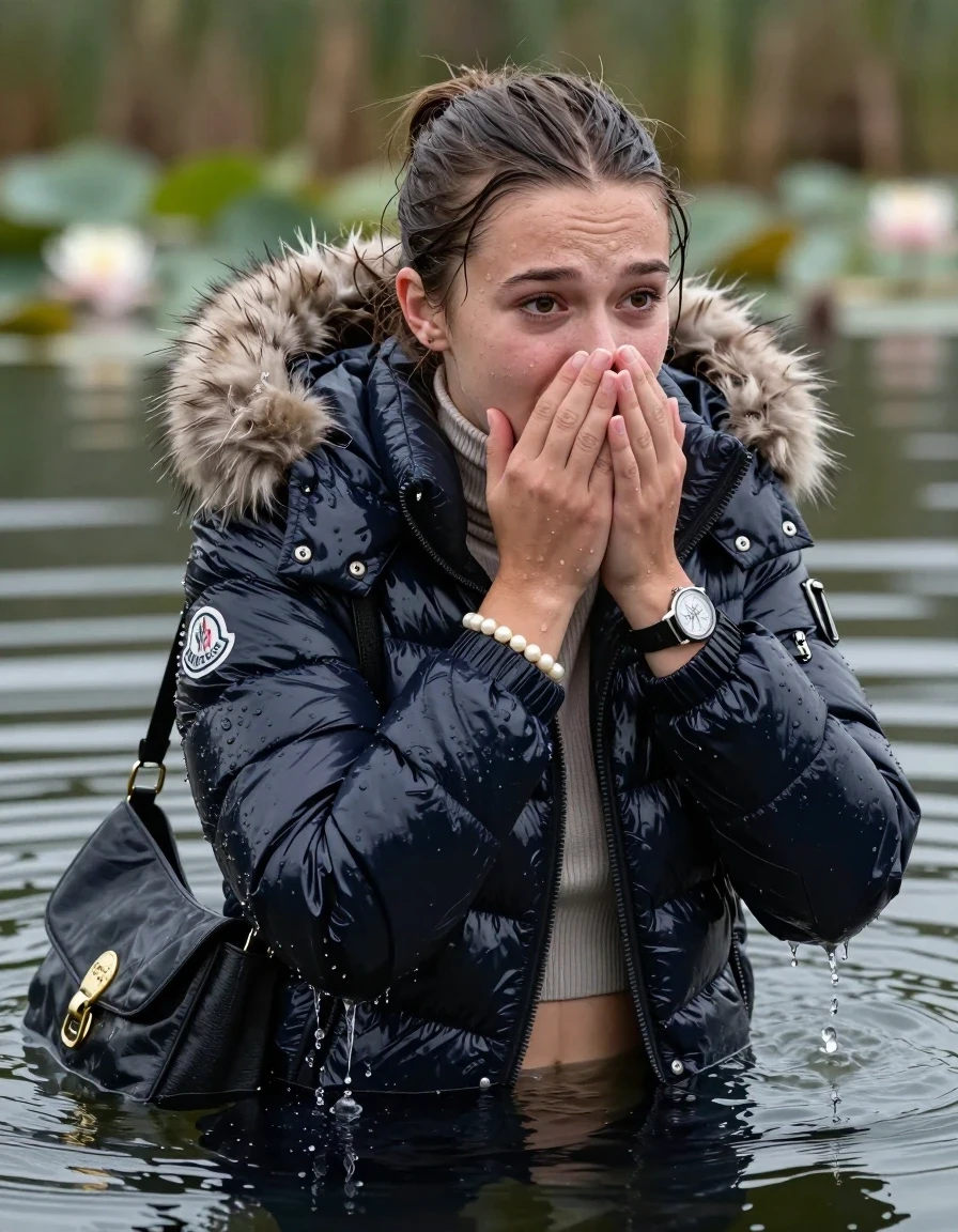 photo of young woman, in soaking wet, drenched clothes,
, , Moncler shiny puffer down jacket with fur, open jacket,  tight turtleneck sweater belly free, shoulderbag, pearl necklace, bracelet, wristwatch, Swimming and sinking deep into the water after diving in a lake with water lilies and reeds, 
enjoying, wet clothes stuck to body,
detailed textures of the wet clothes, wet face, wet plastered hair,
wet, drenched, professional, high-quality details, full body view.
sharp focus, ultra-high pixel detail, realistic, high-quality, full colors, incredibly detailed, 4k, 8k, 16k, hyper-realistic, RAW photo, masterpiece, ultra-detailed, professionally color graded, professional photograph, Sleek ponytail 

15 years old  teenage girl

Looking up at camera, Whole body and shoulders are submerged under the surface. horny eyes.

she is completely underwater up to her neck,  crying and astonished expression. 

Leaning back. Hands over mouth and nose. 

her submerged clothes are hardly vusible under water, she soaked her handbag into the water
she is completely underwater up to her neck, afraid and astonished expression. 

her clothing is soaking wet and clinging tightly to her skin, showing heavy wet folds, darkened fabric texture, and deep water-saturated Patches, her clothes are heavy from the water, water runs from her body and her clothes in streams. A lot of water also runs out of her clothes. Her clothes are darkened by the water. Her submerged clothes are good visible under the water.  she soaked her handbag into the water.

close up view, wet skin, wet clothes, wet hair, damp fabric, water runs down the clothes, wet skin, wet clothes, damp fabric. cinematic medium shot, hyper-realistic wetness, high-contrast water sheen, sharp focus, 16k resolution, professional photography, realistic water physics., wet skin, wet clothes, damp fabric, wet skin, wet clothes, damp fabric, wet skin, wet clothes, damp fabric, wet skin, wet clothes, damp fabric, wet skin, wet clothes, damp fabric