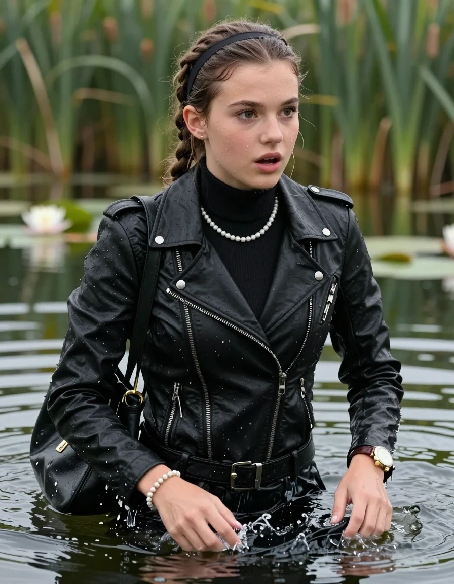 photo of young woman, in soaking wet, drenched clothes,
, , black biker leatherjacket,  closed jacket, tight knit turtleneck sweater belly free, shoulderbag, pearl necklace, bracelet, wristwatch, Swimming and sinking deep into the water after diving in a lake with water lilies and reeds, 
enjoying, wet clothes stuck to body,
detailed textures of the wet clothes, wet face, wet plastered hair,
wet, drenched, professional, high-quality details, full body view.
sharp focus, ultra-high pixel detail, realistic, high-quality, full colors, incredibly detailed, 4k, 8k, 16k, hyper-realistic, RAW photo, masterpiece, ultra-detailed, professionally color graded, professional photograph, braided hair, hairband

15 years old  teenage girl

Looking away, Whole body and shoulders are submerged under the surface. open mouth, big eyes. Make-up.

she is completely underwater up to her neck.

hands under water.

her submerged clothes are hardly vusible under water, she soaked her handbag into the water
she is completely underwater up to her neck, astonished expression. 

her clothing is soaking wet and clinging tightly to her skin, showing heavy wet folds, darkened fabric texture, and deep water-saturated Patches, her clothes are heavy from the water, water runs from her body and her clothes in streams. A lot of water also runs out of her clothes. Her clothes are darkened by the water. Her submerged clothes are good visible under the water.  she soaked her handbag into the water.

close up view, wet skin, wet clothes, wet hair, damp fabric, water runs down the clothes, wet skin, wet clothes, damp fabric. cinematic medium shot, hyper-realistic wetness, high-contrast water sheen, sharp focus, 16k resolution, professional photography, realistic water physics., wet skin, wet clothes, damp fabric, wet skin, wet clothes, damp fabric, wet skin, wet clothes, damp fabric, wet skin, wet clothes, damp fabric, wet skin, wet clothes, damp fabric