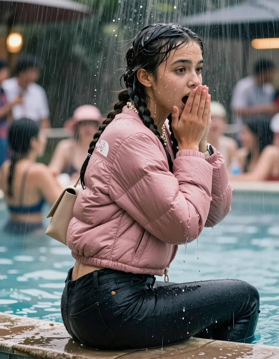 photo of young woman, in soaking wet, drenched clothes,
, Dark skinny jeans, Pink north face puffer down jacket, Open jacket, tight v-neck sweater, shoulderbag, pearl necklace, bracelet, wristwatch, Steaming outdoor jacuzzi at crowded pool party, 
enjoying, wet clothes stuck to body,
detailed textures of the wet clothes, wet face, wet plastered hair,
wet, drenched, professional, high-quality details, full body view.
sharp focus, ultra-high pixel detail, realistic, high-quality, full colors, incredibly detailed, 4k, 8k, 16k, hyper-realistic, RAW photo, masterpiece, ultra-detailed, professionally color graded, professional photograph, A realistic vertical fashion photograph taken from a backward, behind-the-back angle of a 15-year-old teenage girl sitting on the edge of the pool while it pours water on her during a heavy storm, facing to the camera to show her back. She is tilting her head at camera, letting the water drench her hair so it is glued flat against her head and body. She has two long braids , completely saturated and dripping wet hair, with water cascading down her face and neck. Afraid and astonished expression. cover her mouth with her hands. open mouth, big eyes. The lighting is bright and cinematic, highlighting the glistening water droplets on her skin and the saturated texture of her  casual clothes. Soft, moody indoor lighting with reflections on the water. High-quality fashion photography style.
her clothing is soaking wet and clinging tightly to her skin, showing heavy wet folds, darkened fabric texture, and deep water-saturated Patches, her clothes are heavy from the water, water runs from her body and her clothes in streams. A lot of water also runs out of her clothes. Her clothes are darkened by the water. 
hyper-realistic wetness, high-contrast water sheen, sharp focus, 16k resolution, professional photography, realistic water physics., wet skin, wet clothes, damp fabric, wet skin, wet clothes, damp fabric, wet skin, wet clothes, damp fabric, wet skin, wet clothes, damp fabric, wet skin, wet clothes, damp fabric, wet skin, wet clothes, damp fabric, wet skin, wet clothes, damp fabric, wet skin, wet clothes, damp fabric, wet skin, wet clothes, damp fabric, wet skin, wet clothes, damp fabric, wet skin, wet clothes, damp fabric, wet skin, wet clothes, damp fabric, wet skin, wet clothes, damp fabric, wet skin, wet clothes, damp fabric, wet skin, wet clothes, damp fabric, wet skin, wet clothes, damp fabric
