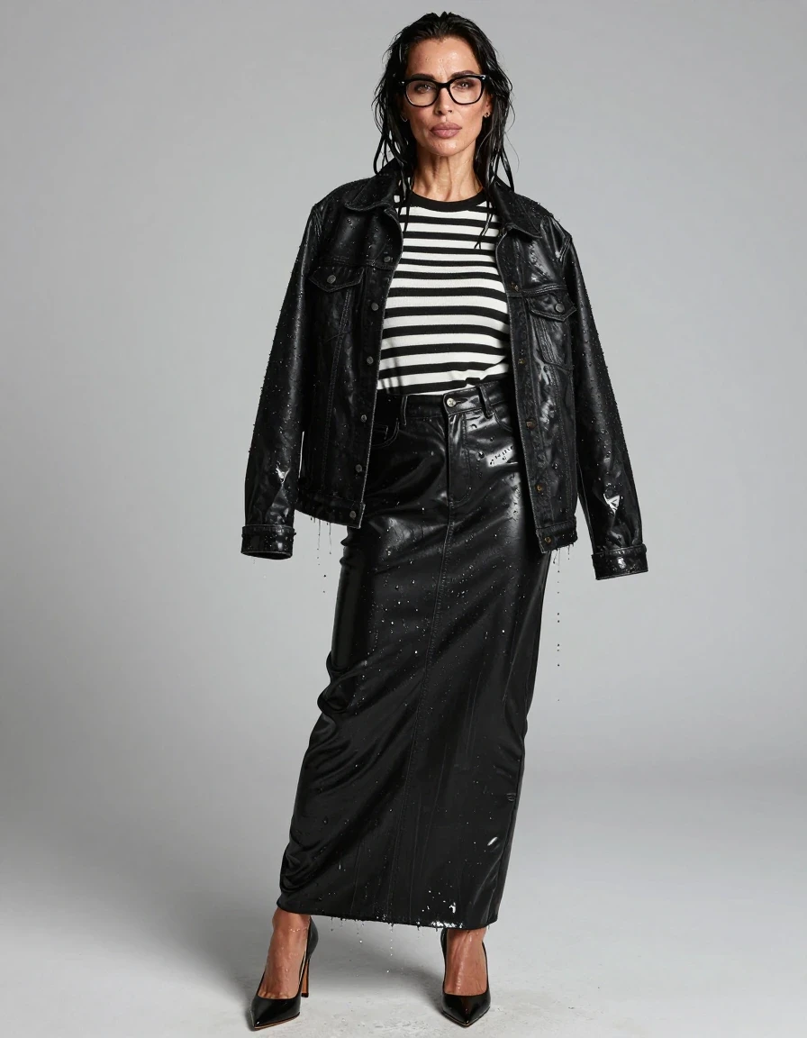 photo of young woman, in soaking wet, drenched clothes,
high-heeled shoes, shiny black leather denim maxi skirt, shiny black & wihite striped sweater, maxi shiny black denim jacket, enjoying wet clothes stuck body, enjoying, wet clothes stuck to body, 
enjoying, wet clothes stuck to body,
detailed textures of the wet clothes, wet face, wet plastered hair,
wet, drenched, professional, high-quality details, full body view.
sharp focus, ultra-high pixel detail, realistic, high-quality, full colors, incredibly detailed, 4k, 8k, 16k, hyper-realistic, RAW photo, masterpiece, ultra-detailed, professionally color graded, professional photograph, europen brunette skinny woman 50 years old, long dark black hair, office glasses, very big and thick lips, complete body, wet skin, wet clothes, damp fabric, wet skin, wet clothes, damp fabric, wet skin, wet clothes, damp fabric, wet skin, wet clothes, damp fabric, wet skin, wet clothes, damp fabric, wet skin, wet clothes, damp fabric, wet skin, wet clothes, damp fabric