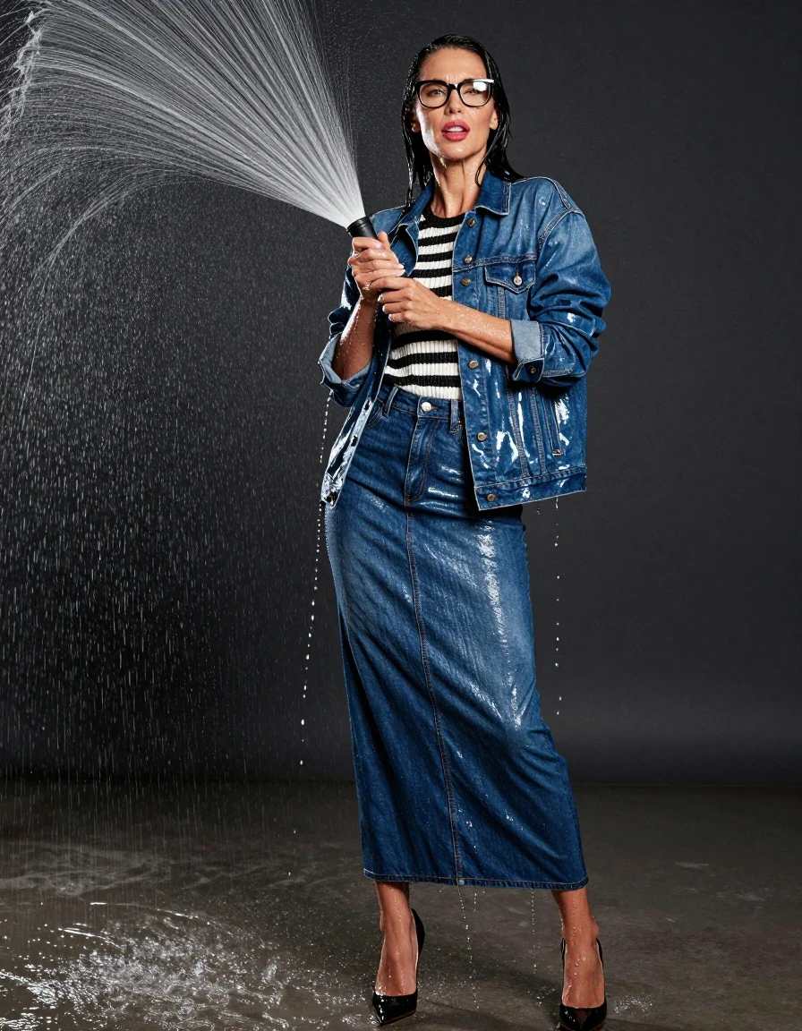 photo of young woman, in soaking wet, drenched clothes,
high-heeled shoes, shiny blue denim maxi skirt, shiny black & wihite striped sweater, maxi shiny blue denim jacket, spraying each other with the shower enjoying wet clothes stuck body, enjoying, wet clothes stuck to body, 
enjoying, wet clothes stuck to body,
detailed textures of the wet clothes, wet face, wet plastered hair,
wet, drenched, professional, high-quality details, full body view.
sharp focus, ultra-high pixel detail, realistic, high-quality, full colors, incredibly detailed, 4k, 8k, 16k, hyper-realistic, RAW photo, masterpiece, ultra-detailed, professionally color graded, professional photograph, europen brunette skinny woman 50 years old, long dark black hair, office glasses, very big and thick lips, complete body, wet skin, wet clothes, damp fabric, wet skin, wet clothes, damp fabric, wet skin, wet clothes, damp fabric, wet skin, wet clothes, damp fabric, wet skin, wet clothes, damp fabric, wet skin, wet clothes, damp fabric, wet skin, wet clothes, damp fabric