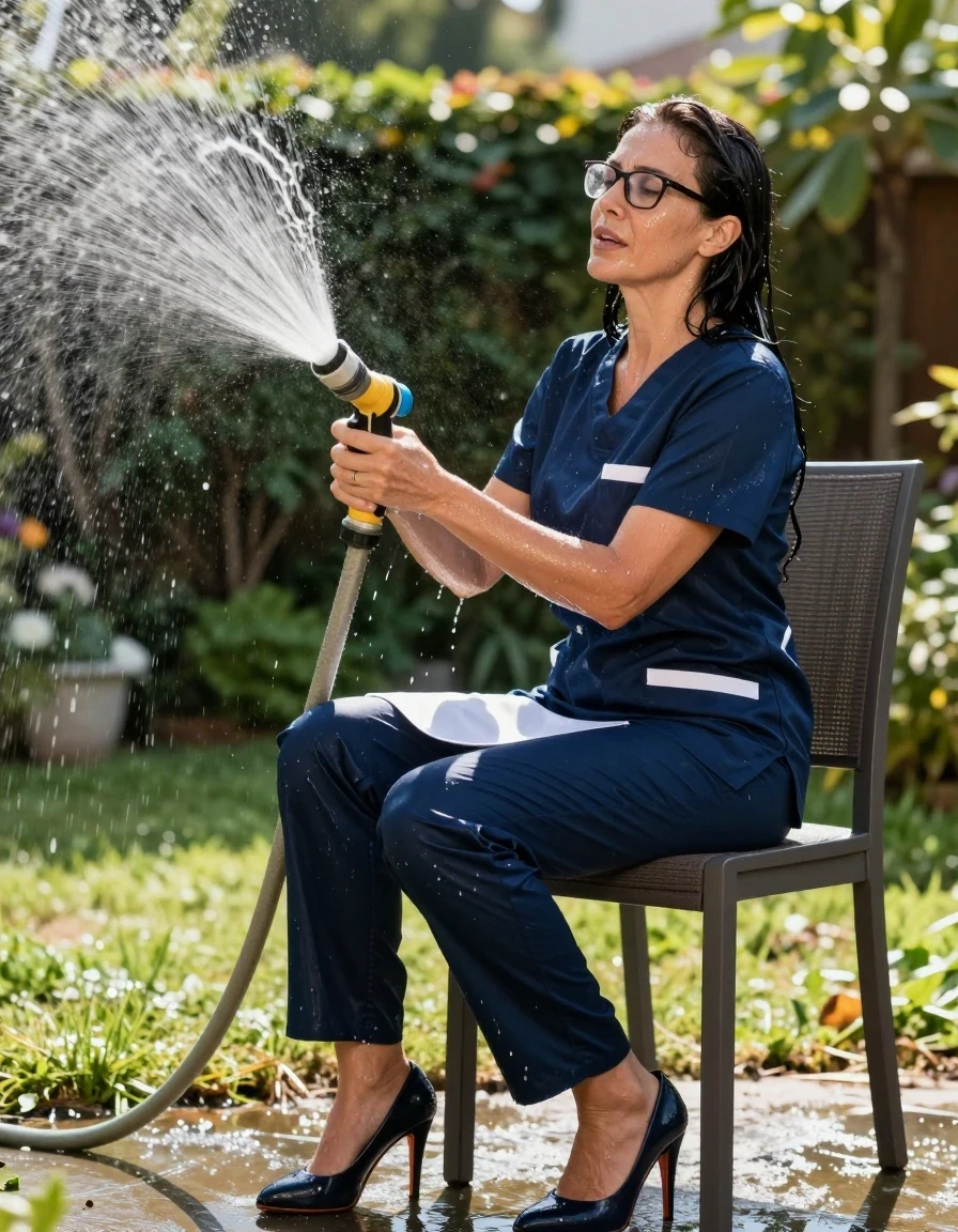 photo of young woman, in soaking wet, drenched clothes,
high-heeled shoes, shiny dark blue scrubs with white skirt, shiny dark blue scrubs with white skirt, spraying each other with the hose in the sunny garden, enjoying wet clothes stuck body, enjoying, wet clothes stuck to body, 
enjoying, wet clothes stuck to body,
detailed textures of the wet clothes, wet face, wet plastered hair,
wet, drenched, professional, high-quality details, full body view.
sharp focus, ultra-high pixel detail, realistic, high-quality, full colors, incredibly detailed, 4k, 8k, 16k, hyper-realistic, RAW photo, masterpiece, ultra-detailed, professionally color graded, professional photograph, on the chair, europen brunette skinny woman 50 years old, long dark black hair, office glasses, very big and thick lips, complete body, wet skin, wet clothes, damp fabric, wet skin, wet clothes, damp fabric, wet skin, wet clothes, damp fabric, wet skin, wet clothes, damp fabric, wet skin, wet clothes, damp fabric, wet skin, wet clothes, damp fabric, wet skin, wet clothes, damp fabric