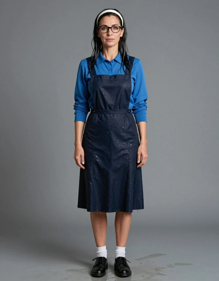 photo of young woman, in soaking wet, drenched clothes,
black shoes, white socks, long School pinafore to wear over a blue long-sleeved shirt, long School pinafore to wear over a blue long-sleeved shirt, enjoying wet clothes stuck body, enjoying, wet clothes stuck to body, 
enjoying, wet clothes stuck to body,
detailed textures of the wet clothes, wet face, wet plastered hair,
wet, drenched, professional, high-quality details, full body view.
sharp focus, ultra-high pixel detail, realistic, high-quality, full colors, incredibly detailed, 4k, 8k, 16k, hyper-realistic, RAW photo, masterpiece, ultra-detailed, professionally color graded, professional photograph, europen brunette skinny woman 50 years old, long dark black hair,white headband, office glasses, very big and thick lips, complete body, wet skin, wet clothes, damp fabric, wet skin, wet clothes, damp fabric, wet skin, wet clothes, damp fabric, wet skin, wet clothes, damp fabric, wet skin, wet clothes, damp fabric, wet skin, wet clothes, damp fabric, wet skin, wet clothes, damp fabric