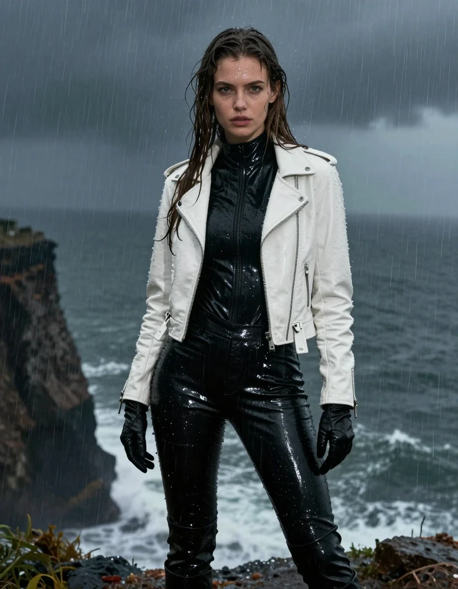 A stunning young adult European woman with long, dripping wet brown hair, standing at the edge of a cliff overlooking the coast at night during a heavy rainstorm. She is wearing a black leather polar neck catsuit that is drenched, with the fabric clinging to her frame and exhibiting a deep, saturated sheen, layered under a white biker leather jacket that is heavy with rainwater. She wears black leather gloves on both hands and black leather knee-high boots. Her skin is glistening with water, and her clothes are soaked through, showing dark, heavy folds and high-gloss specular reflections from the rain. The atmosphere is dark and dramatic, with heavy rain pouring down, creating a misty, moody environment. Photorealistic, 8k resolution, cinematic lighting, sharp focus on texture and wetness, high contrast, non-nude, fully clothed.