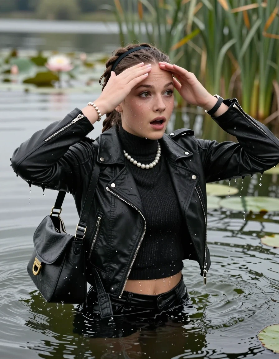 photo of young woman, in soaking wet, drenched clothes,
, , black biker leatherjacket,  tight knit turtleneck sweater belly free, shoulderbag, pearl necklace, bracelet, wristwatch, Swimming and sinking deep into the water after diving in a lake with water lilies and reeds, 
enjoying, wet clothes stuck to body,
detailed textures of the wet clothes, wet face, wet plastered hair,
wet, drenched, professional, high-quality details, full body view.
sharp focus, ultra-high pixel detail, realistic, high-quality, full colors, incredibly detailed, 4k, 8k, 16k, hyper-realistic, RAW photo, masterpiece, ultra-detailed, professionally color graded, professional photograph, braided hair, hairband

15 years old  teenage girl

Looking away, Whole body and shoulders are submerged under the surface. open mouth, big eyes. Make-up.

she is completely underwater up to her neck.

hands over her forehead.

her submerged clothes are hardly vusible under water, she soaked her handbag into the water
she is completely underwater up to her neck, astonished expression. 

her clothing is soaking wet and clinging tightly to her skin, showing heavy wet folds, darkened fabric texture, and deep water-saturated Patches, her clothes are heavy from the water, water runs from her body and her clothes in streams. A lot of water also runs out of her clothes. Her clothes are darkened by the water. Her submerged clothes are good visible under the water.  she soaked her handbag into the water.

close up view, wet skin, wet clothes, wet hair, damp fabric, water runs down the clothes, wet skin, wet clothes, damp fabric. cinematic medium shot, hyper-realistic wetness, high-contrast water sheen, sharp focus, 16k resolution, professional photography, realistic water physics., wet skin, wet clothes, damp fabric, wet skin, wet clothes, damp fabric, wet skin, wet clothes, damp fabric, wet skin, wet clothes, damp fabric, wet skin, wet clothes, damp fabric