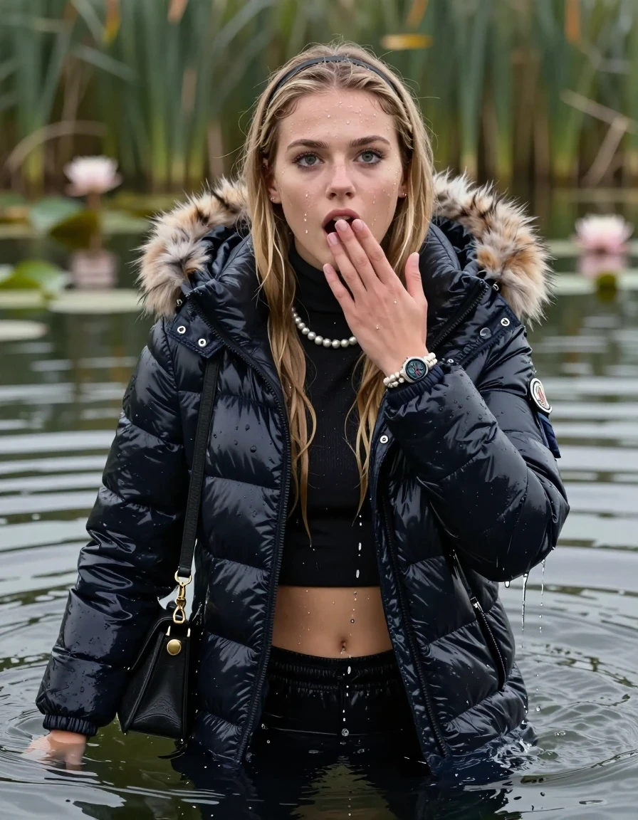 photo of young woman, in soaking wet, drenched clothes,
, , Moncler shiny puffer long down coat with fur, open jacket,  tight turtleneck sweater belly free, shoulderbag, pearl necklace, bracelet, wristwatch, Swimming and sinking deep into the water after diving in a lake with water lilies and reeds, 
enjoying, wet clothes stuck to body,
detailed textures of the wet clothes, wet face, wet plastered hair,
wet, drenched, professional, high-quality details, full body view.
sharp focus, ultra-high pixel detail, realistic, high-quality, full colors, incredibly detailed, 4k, 8k, 16k, hyper-realistic, RAW photo, masterpiece, ultra-detailed, professionally color graded, professional photograph, blonde Sleek long straight hair, hairband

15 years old  teenage girl

Looking up at camera, Whole body and shoulders are submerged under the surface. open mouth, big eyes. Make-up.

she is completely underwater up to her neck.

one hand over her mouth.

her submerged clothes are hardly vusible under water, she soaked her handbag into the water
she is completely underwater up to her neck, afraid and astonished expression. 

her clothing is soaking wet and clinging tightly to her skin, showing heavy wet folds, darkened fabric texture, and deep water-saturated Patches, her clothes are heavy from the water, water runs from her body and her clothes in streams. A lot of water also runs out of her clothes. Her clothes are darkened by the water. Her submerged clothes are good visible under the water.  she soaked her handbag into the water.

close up view, wet skin, wet clothes, wet hair, damp fabric, water runs down the clothes, wet skin, wet clothes, damp fabric. cinematic medium shot, hyper-realistic wetness, high-contrast water sheen, sharp focus, 16k resolution, professional photography, realistic water physics., wet skin, wet clothes, damp fabric, wet skin, wet clothes, damp fabric, wet skin, wet clothes, damp fabric, wet skin, wet clothes, damp fabric, wet skin, wet clothes, damp fabric