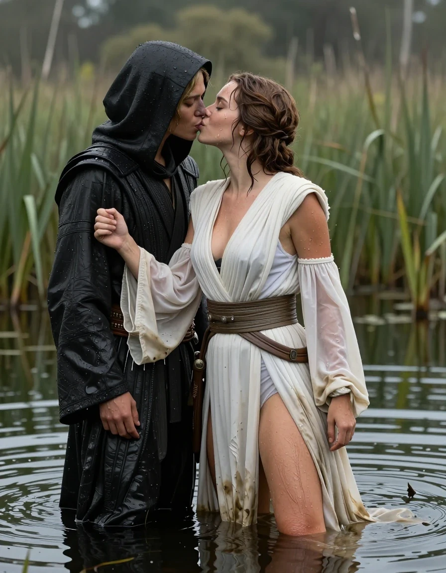 photo of young woman, in soaking wet, drenched clothes,
barefeed, star wars princess lea outfit, shallow swamp lake, planet dagobah style from Star Wars, 
enjoying, wet clothes stuck to body,
detailed textures of the wet clothes, wet face, wet plastered hair,
wet, drenched, professional, high-quality details, full body view.
sharp focus, ultra-high pixel detail, realistic, high-quality, full colors, incredibly detailed, 4k, 8k, 16k, hyper-realistic, RAW photo, masterpiece, ultra-detailed, professionally color graded, professional photograph, a young nordic girl wears a princess leia style white outfit an princess leia hair style. next to her stands an black clothed yedi night. the girl stand in the swamp lake kissing the other jedi night. Her dress is completly drenched and a bit dirty from the swamp.. she wears no bra. her big breasts are visible through the seethrough Dress. show a picture wenn she is diving under water, wet skin, wet clothes, damp fabric