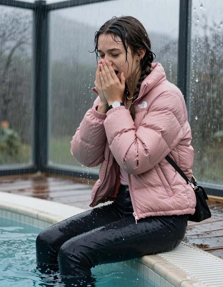 photo of young woman, in soaking wet, drenched clothes,
, Dark skinny jeans, Pink north face puffer down jacket, Open jacket, tight v-neck sweater, shoulderbag, pearl necklace, bracelet, wristwatch, Steaming outdoor jacuzzi , 
enjoying, wet clothes stuck to body,
detailed textures of the wet clothes, wet face, wet plastered hair,
wet, drenched, professional, high-quality details, full body view.
sharp focus, ultra-high pixel detail, realistic, high-quality, full colors, incredibly detailed, 4k, 8k, 16k, hyper-realistic, RAW photo, masterpiece, ultra-detailed, professionally color graded, professional photograph, A realistic vertical fashion photograph taken from a backward, behind-the-back angle of a 15-year-old teenage girl sitting on the edge of the pool while it pours water on her during a heavy storm, facing to the camera to show her back. She is tilting her head at camera, letting the water drench her hair so it is glued flat against her head and body. She has two long braids , completely saturated and dripping wet hair, with water cascading down her face and neck. Afraid and astonished expression. cover her nose with her hands. open mouth, closed eyes. The lighting is bright and cinematic, highlighting the glistening water droplets on her skin and the saturated texture of her  casual clothes. Outside the large glass wall of the pool building, heavy rain is visible falling against the window. Soft, moody indoor lighting with reflections on the water. High-quality fashion photography style.
her clothing is soaking wet and clinging tightly to her skin, showing heavy wet folds, darkened fabric texture, and deep water-saturated Patches, her clothes are heavy from the water, water runs from her body and her clothes in streams. A lot of water also runs out of her clothes. Her clothes are darkened by the water. 
hyper-realistic wetness, high-contrast water sheen, sharp focus, 16k resolution, professional photography, realistic water physics., wet skin, wet clothes, damp fabric, wet skin, wet clothes, damp fabric, wet skin, wet clothes, damp fabric, wet skin, wet clothes, damp fabric, wet skin, wet clothes, damp fabric, wet skin, wet clothes, damp fabric, wet skin, wet clothes, damp fabric, wet skin, wet clothes, damp fabric, wet skin, wet clothes, damp fabric, wet skin, wet clothes, damp fabric, wet skin, wet clothes, damp fabric, wet skin, wet clothes, damp fabric, wet skin, wet clothes, damp fabric, wet skin, wet clothes, damp fabric, wet skin, wet clothes, damp fabric, wet skin, wet clothes, damp fabric