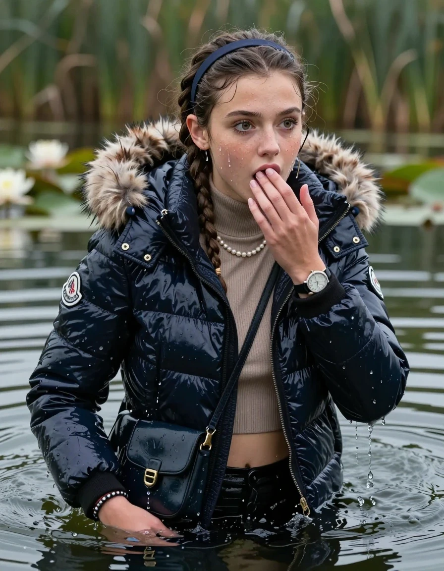 photo of young woman, in soaking wet, drenched clothes,
, , Moncler shiny puffer down jacket with fur, open jacket,  tight turtleneck sweater belly free, shoulderbag, pearl necklace, bracelet, wristwatch, Swimming and sinking deep into the water after diving in a lake with water lilies and reeds, 
enjoying, wet clothes stuck to body,
detailed textures of the wet clothes, wet face, wet plastered hair,
wet, drenched, professional, high-quality details, full body view.
sharp focus, ultra-high pixel detail, realistic, high-quality, full colors, incredibly detailed, 4k, 8k, 16k, hyper-realistic, RAW photo, masterpiece, ultra-detailed, professionally color graded, professional photograph, braided hair, hairband

15 years old  teenage girl

Looking away, Whole body and shoulders are submerged under the surface. open mouth, big eyes. Make-up.

she is completely underwater up to her neck.

one hand over her mouth.

her submerged clothes are hardly vusible under water, she soaked her handbag into the water
she is completely underwater up to her neck, astonished expression. 

her clothing is soaking wet and clinging tightly to her skin, showing heavy wet folds, darkened fabric texture, and deep water-saturated Patches, her clothes are heavy from the water, water runs from her body and her clothes in streams. A lot of water also runs out of her clothes. Her clothes are darkened by the water. Her submerged clothes are good visible under the water.  she soaked her handbag into the water.

close up view, wet skin, wet clothes, wet hair, damp fabric, water runs down the clothes, wet skin, wet clothes, damp fabric. cinematic medium shot, hyper-realistic wetness, high-contrast water sheen, sharp focus, 16k resolution, professional photography, realistic water physics., wet skin, wet clothes, damp fabric, wet skin, wet clothes, damp fabric, wet skin, wet clothes, damp fabric, wet skin, wet clothes, damp fabric, wet skin, wet clothes, damp fabric