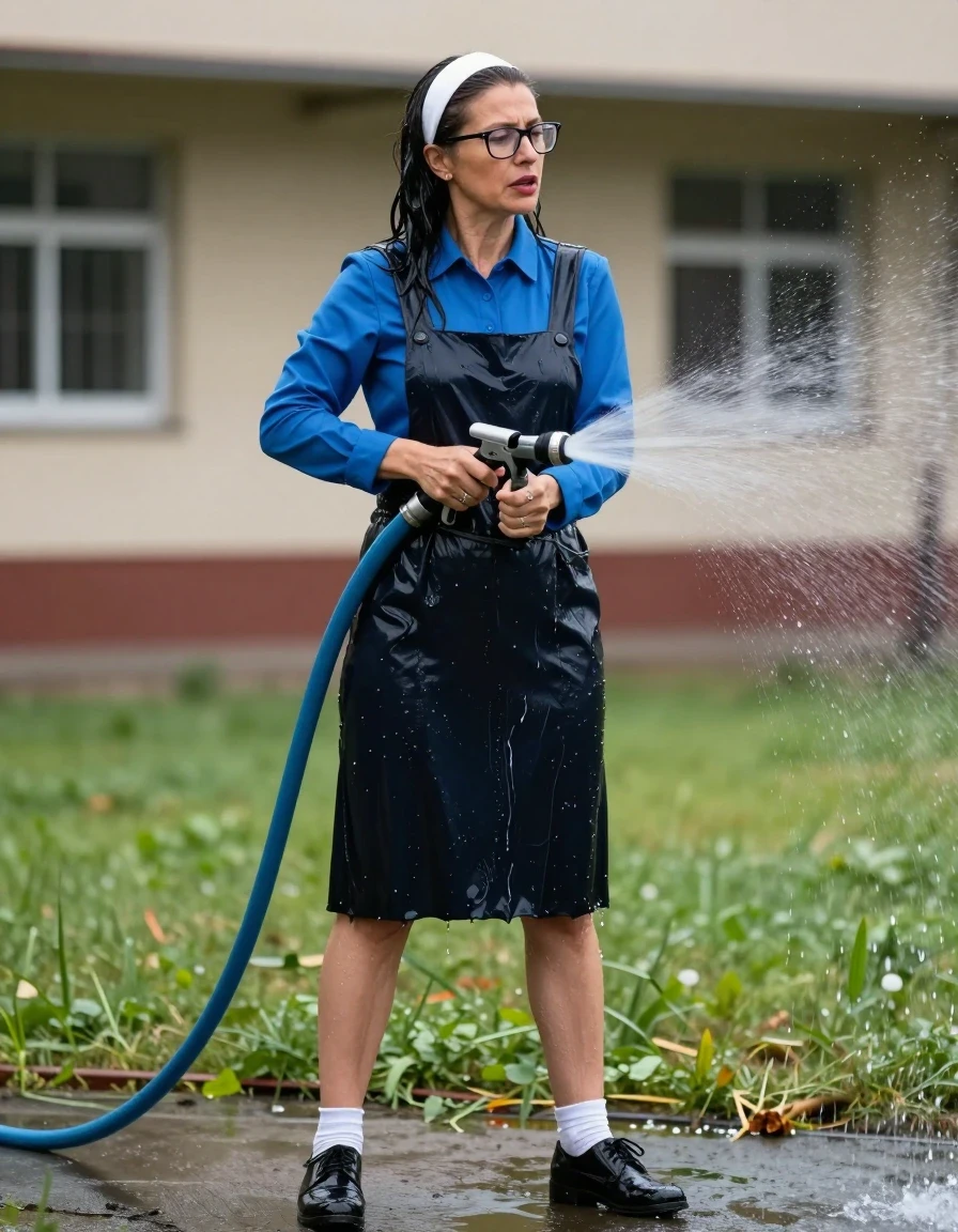 photo of young woman, in soaking wet, drenched clothes,
black shoes, white socks, long School black pinafore to wear over a blue long-sleeved shirt, long School black pinafore to wear over a blue long-sleeved shirt, spraying each other with the hose in the schoolyard, enjoying wet clothes stuck body, enjoying, wet clothes stuck to body, 
enjoying, wet clothes stuck to body,
detailed textures of the wet clothes, wet face, wet plastered hair,
wet, drenched, professional, high-quality details, full body view.
sharp focus, ultra-high pixel detail, realistic, high-quality, full colors, incredibly detailed, 4k, 8k, 16k, hyper-realistic, RAW photo, masterpiece, ultra-detailed, professionally color graded, professional photograph, europen brunette skinny woman 50 years old, long dark black hair,white headband, office glasses, very big and thick lips, complete body, wet skin, wet clothes, damp fabric, wet skin, wet clothes, damp fabric, wet skin, wet clothes, damp fabric, wet skin, wet clothes, damp fabric, wet skin, wet clothes, damp fabric, wet skin, wet clothes, damp fabric, wet skin, wet clothes, damp fabric