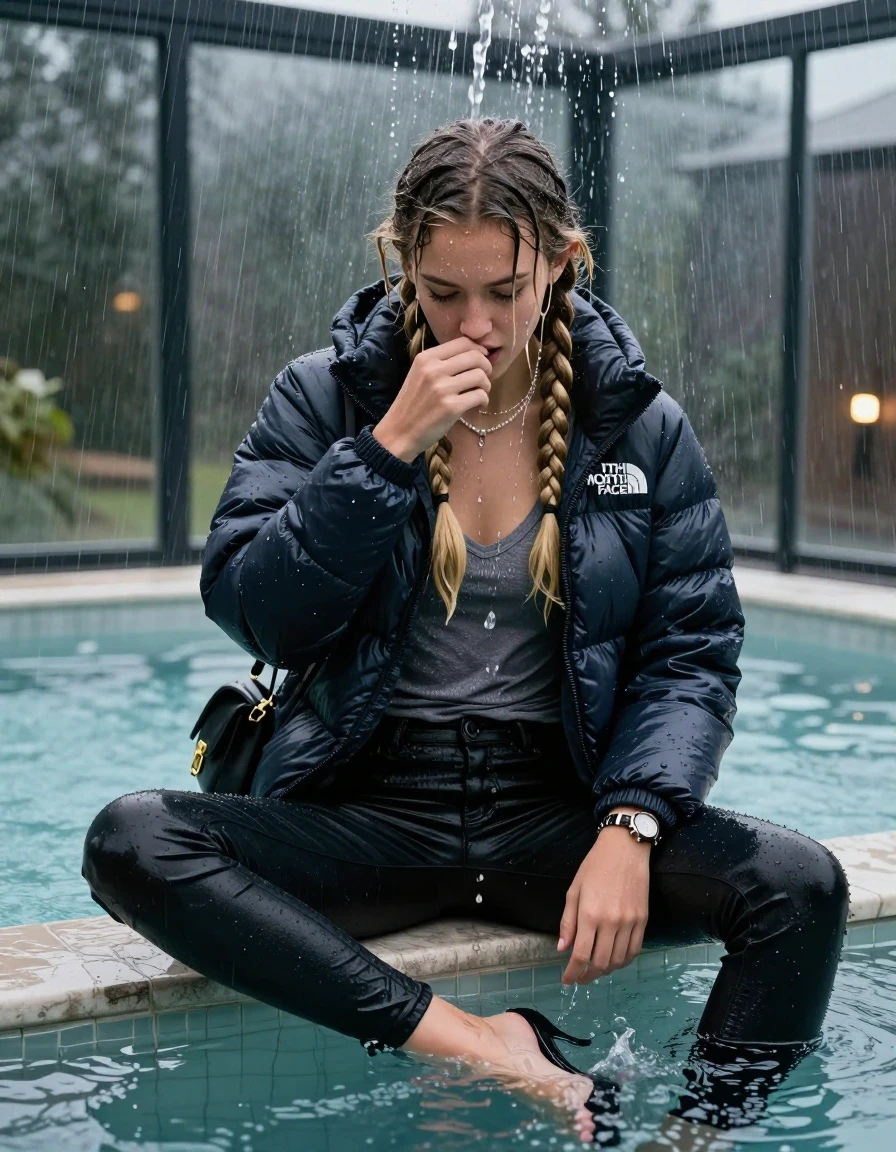 photo of young woman, in soaking wet, drenched clothes,
black heels, Dark skinny jeans,  north face puffer down jacket, Open jacket, tight v-neck sweater, shoulderbag, pearl necklace, bracelet, wristwatch, Steaming outdoor jacuzzi , 
enjoying, wet clothes stuck to body,
detailed textures of the wet clothes, wet face, wet plastered hair,
wet, drenched, professional, high-quality details, full body view.
sharp focus, ultra-high pixel detail, realistic, high-quality, full colors, incredibly detailed, 4k, 8k, 16k, hyper-realistic, RAW photo, masterpiece, ultra-detailed, professionally color graded, professional photograph, A realistic vertical fashion photograph of a 15-year-old teenage girl sitting  in a glass-walled outdoor swimming pool while it pours water on her during a heavy storm , legs apart, cover her nose with a hand, looking down. She is tilting her head down, letting the water drench her hair so it is glued flat against her head and body. She has two blonde long braids , completely saturated and dripping wet hair, with water cascading down her face and neck. Horny and aroused expression. open mouth, closed eyes. The lighting is bright and cinematic, highlighting the glistening water droplets on her skin and the saturated texture of her  casual clothes. Outside the large glass wall of the pool building, heavy rain is visible falling against the window. Soft, moody indoor lighting with reflections on the water. High-quality fashion photography style.
her clothing is soaking wet and clinging tightly to her skin, showing heavy wet folds, darkened fabric texture, and deep water-saturated Patches, her clothes are heavy from the water, water runs from her body and her clothes in streams. A lot of water also runs out of her clothes. Her clothes are darkened by the water. 
hyper-realistic wetness, high-contrast water sheen, sharp focus, 16k resolution, professional photography, realistic water physics., wet skin, wet clothes, damp fabric, wet skin, wet clothes, damp fabric, wet skin, wet clothes, damp fabric, wet skin, wet clothes, damp fabric, wet skin, wet clothes, damp fabric, wet skin, wet clothes, damp fabric, wet skin, wet clothes, damp fabric, wet skin, wet clothes, damp fabric, wet skin, wet clothes, damp fabric, wet skin, wet clothes, damp fabric, wet skin, wet clothes, damp fabric, wet skin, wet clothes, damp fabric, wet skin, wet clothes, damp fabric, wet skin, wet clothes, damp fabric, wet skin, wet clothes, damp fabric, wet skin, wet clothes, damp fabric