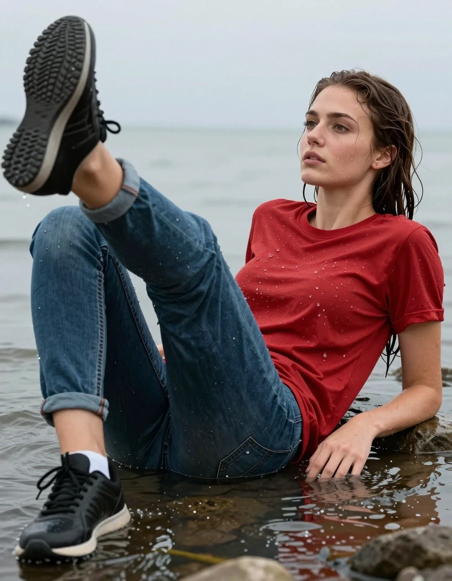 photo of young woman, in soaking wet, drenched clothes,
black sneaker, barely visible white socks, jeans, red t shirt, seaside, 
enjoying, wet clothes stuck to body,
detailed textures of the wet clothes, wet face, wet plastered hair,
wet, drenched, professional, high-quality details, full body view.
sharp focus, ultra-high pixel detail, realistic, high-quality, full colors, incredibly detailed, 4k, 8k, 16k, hyper-realistic, RAW photo, masterpiece, ultra-detailed, professionally color graded, professional photograph, lying in water, wet skin, wet clothes, damp fabric