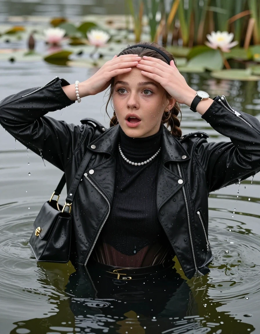 photo of young woman, in soaking wet, drenched clothes,
, , black biker leatherjacket,  closed jacket, tight knit turtleneck sweater belly free, shoulderbag, pearl necklace, bracelet, wristwatch, Swimming and sinking deep into the water after diving in a lake with water lilies and reeds, 
enjoying, wet clothes stuck to body,
detailed textures of the wet clothes, wet face, wet plastered hair,
wet, drenched, professional, high-quality details, full body view.
sharp focus, ultra-high pixel detail, realistic, high-quality, full colors, incredibly detailed, 4k, 8k, 16k, hyper-realistic, RAW photo, masterpiece, ultra-detailed, professionally color graded, professional photograph, braided hair, hairband

15 years old  teenage girl

Looking away, Whole body and shoulders are submerged under the surface. open mouth, big eyes. Make-up.

she is completely underwater up to her neck.

hands over her forehead.

her submerged clothes are hardly vusible under water, she soaked her handbag into the water
she is completely underwater up to her neck, astonished expression. 

her clothing is soaking wet and clinging tightly to her skin, showing heavy wet folds, darkened fabric texture, and deep water-saturated Patches, her clothes are heavy from the water, water runs from her body and her clothes in streams. A lot of water also runs out of her clothes. Her clothes are darkened by the water. Her submerged clothes are good visible under the water.  she soaked her handbag into the water.

close up view, wet skin, wet clothes, wet hair, damp fabric, water runs down the clothes, wet skin, wet clothes, damp fabric. cinematic medium shot, hyper-realistic wetness, high-contrast water sheen, sharp focus, 16k resolution, professional photography, realistic water physics., wet skin, wet clothes, damp fabric, wet skin, wet clothes, damp fabric, wet skin, wet clothes, damp fabric, wet skin, wet clothes, damp fabric, wet skin, wet clothes, damp fabric