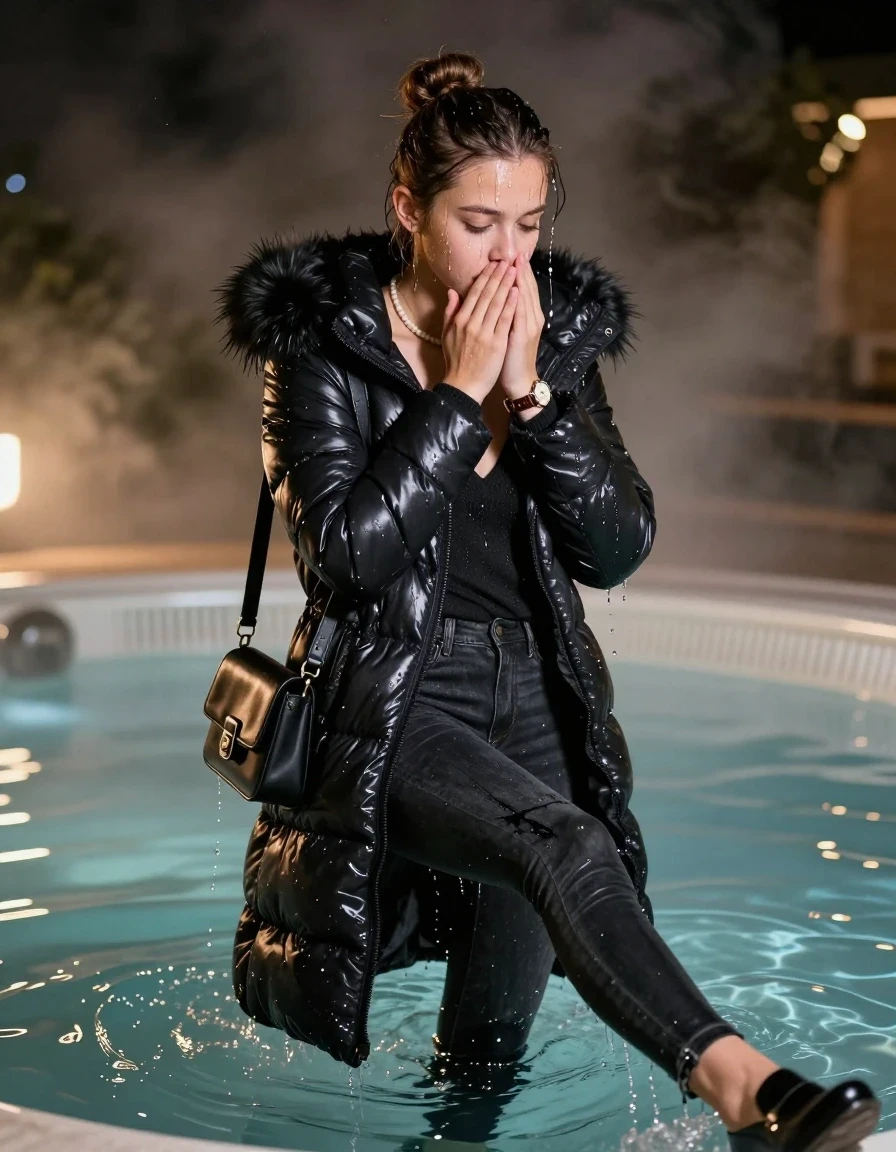 photo of young woman, in soaking wet, drenched clothes,
black heels, Dark skinny jeans, black moncler long shiny puffer down coat with fur, Open jacket, tight v-neck sweater, shoulderbag, pearl necklace, bracelet, wristwatch, Steaming indoor jacuzzi at night, warm lightning, 
enjoying, wet clothes stuck to body,
detailed textures of the wet clothes, wet face, wet plastered hair,
wet, drenched, professional, high-quality details, full body view.
sharp focus, ultra-high pixel detail, realistic, high-quality, full colors, incredibly detailed, 4k, 8k, 16k, hyper-realistic, RAW photo, masterpiece, ultra-detailed, professionally color graded, professional photograph, A realistic vertical fashion photograph of a 15-year-old teenage girl slides back from the edge into the water of a steaming indoor jacuzzi, facing down to show her back. She is tilting her head at camera, letting the water drench her hair so it is glued flat against her head and body. She has a topknot, completely saturated and dripping wet hair, with water cascading down her face and neck. Afraid and astonished expression. She hold her hands over her mouth and nose. half closed eyes eyes. The lighting is bright and cinematic, highlighting the glistening water droplets on her skin and the saturated texture of her  casual clothes. Soft, moody indoor lighting with reflections on the water. High-quality fashion photography style.
her clothing is soaking wet and clinging tightly to her skin, showing heavy wet folds, darkened fabric texture, and deep water-saturated Patches, her clothes are heavy from the water, water runs from her body and her clothes in streams. A lot of water also runs out of her clothes. Her clothes are darkened by the water. 
hyper-realistic wetness, high-contrast water sheen, sharp focus, 16k resolution, professional photography, realistic water physics., wet skin, wet clothes, damp fabric, wet skin, wet clothes, damp fabric, wet skin, wet clothes, damp fabric, wet skin, wet clothes, damp fabric, wet skin, wet clothes, damp fabric, wet skin, wet clothes, damp fabric, wet skin, wet clothes, damp fabric, wet skin, wet clothes, damp fabric, wet skin, wet clothes, damp fabric, wet skin, wet clothes, damp fabric, wet skin, wet clothes, damp fabric, wet skin, wet clothes, damp fabric, wet skin, wet clothes, damp fabric, wet skin, wet clothes, damp fabric, wet skin, wet clothes, damp fabric, wet skin, wet clothes, damp fabric, wet skin, wet clothes, damp fabric, wet skin, wet clothes, damp fabric