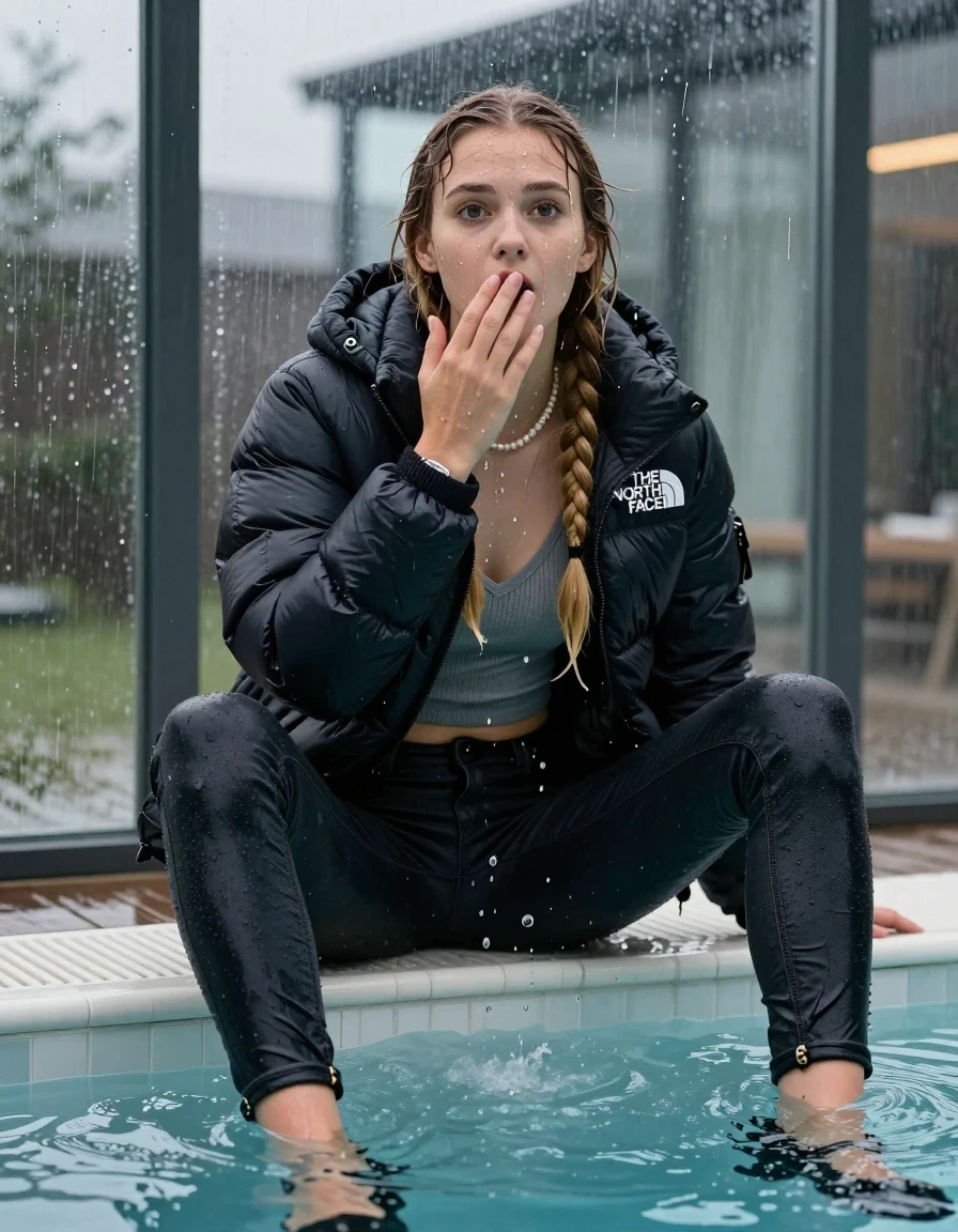 photo of young woman, in soaking wet, drenched clothes,
black heels, Dark skinny jeans,  north face puffer down jacket, Open jacket, tight v-neck sweater, shoulderbag, pearl necklace, bracelet, wristwatch, Steaming outdoor jacuzzi , 
enjoying, wet clothes stuck to body,
detailed textures of the wet clothes, wet face, wet plastered hair,
wet, drenched, professional, high-quality details, full body view.
sharp focus, ultra-high pixel detail, realistic, high-quality, full colors, incredibly detailed, 4k, 8k, 16k, hyper-realistic, RAW photo, masterpiece, ultra-detailed, professionally color graded, professional photograph, A realistic vertical fashion photograph of a 15-year-old teenage girl sitting  in a glass-walled outdoor swimming pool, legs apart, cover her mouth with a hand, looking at camera. She is tilting her head up, letting the water drench her hair so it is glued flat against her head and body. She has two blonde long braids , completely saturated and dripping wet hair, with water cascading down her face and neck. afraid and astonished expression. open mouth, big eyes. The lighting is bright and cinematic, highlighting the glistening water droplets on her skin and the saturated texture of her  casual clothes. Outside the large glass wall of the pool building, heavy rain is visible falling against the window. Soft, moody indoor lighting with reflections on the water. High-quality fashion photography style.
her clothing is soaking wet and clinging tightly to her skin, showing heavy wet folds, darkened fabric texture, and deep water-saturated Patches, her clothes are heavy from the water, water runs from her body and her clothes in streams. A lot of water also runs out of her clothes. Her clothes are darkened by the water. 
hyper-realistic wetness, high-contrast water sheen, sharp focus, 16k resolution, professional photography, realistic water physics., wet skin, wet clothes, damp fabric, wet skin, wet clothes, damp fabric, wet skin, wet clothes, damp fabric, wet skin, wet clothes, damp fabric, wet skin, wet clothes, damp fabric, wet skin, wet clothes, damp fabric, wet skin, wet clothes, damp fabric, wet skin, wet clothes, damp fabric, wet skin, wet clothes, damp fabric, wet skin, wet clothes, damp fabric, wet skin, wet clothes, damp fabric, wet skin, wet clothes, damp fabric, wet skin, wet clothes, damp fabric, wet skin, wet clothes, damp fabric, wet skin, wet clothes, damp fabric, wet skin, wet clothes, damp fabric