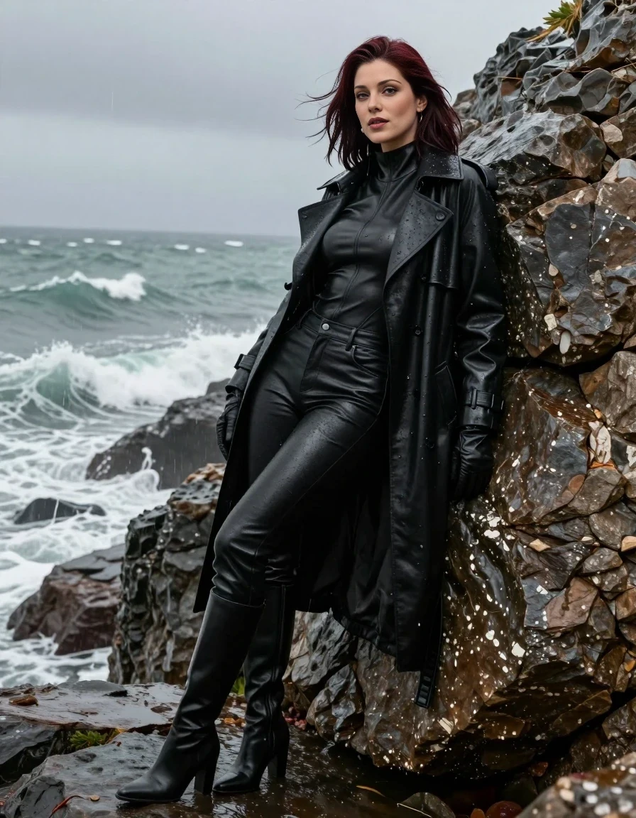 A realistic fashion photograph of a 25-year-old adult woman with shoulder-length dark auburn hair leaning against a large, wet, craggy rock on a coastal cliffside during a rainstorm. She is wearing a black leather polar neck catsuit under black leather jeans, a long black leather trench coat, knee-high black leather boots, and black leather gloves. The leather is glistening with raindrops and ocean spray. She is looking at the camera with a confident, relaxed expression, frontal view, with a dramatic overcast sky and turbulent ocean waves in the background, high-quality fashion photography.