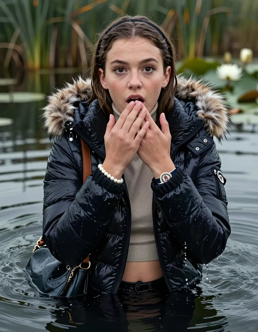 photo of young woman, in soaking wet, drenched clothes,
, , Moncler shiny puffer down jacket with fur, open jacket,  tight turtleneck sweater belly free, shoulderbag, pearl necklace, bracelet, wristwatch, Swimming and sinking deep into the water after diving in a lake with water lilies and reeds, 
enjoying, wet clothes stuck to body,
detailed textures of the wet clothes, wet face, wet plastered hair,
wet, drenched, professional, high-quality details, full body view.
sharp focus, ultra-high pixel detail, realistic, high-quality, full colors, incredibly detailed, 4k, 8k, 16k, hyper-realistic, RAW photo, masterpiece, ultra-detailed, professionally color graded, professional photograph, collarbone bob, hairband

15 years old  teenage girl

Looking up at camera, Whole body and shoulders are submerged under the surface. open mouth, big eyes. Make-up.

she is completely underwater up to her neck.

one hand over her mouth.

her submerged clothes are hardly vusible under water, she soaked her handbag into the water
she is completely underwater up to her neck, astonished expression. 

her clothing is soaking wet and clinging tightly to her skin, showing heavy wet folds, darkened fabric texture, and deep water-saturated Patches, her clothes are heavy from the water, water runs from her body and her clothes in streams. A lot of water also runs out of her clothes. Her clothes are darkened by the water. Her submerged clothes are good visible under the water.  she soaked her handbag into the water.

close up view, wet skin, wet clothes, wet hair, damp fabric, water runs down the clothes, wet skin, wet clothes, damp fabric. cinematic medium shot, hyper-realistic wetness, high-contrast water sheen, sharp focus, 16k resolution, professional photography, realistic water physics., wet skin, wet clothes, damp fabric, wet skin, wet clothes, damp fabric, wet skin, wet clothes, damp fabric, wet skin, wet clothes, damp fabric, wet skin, wet clothes, damp fabric