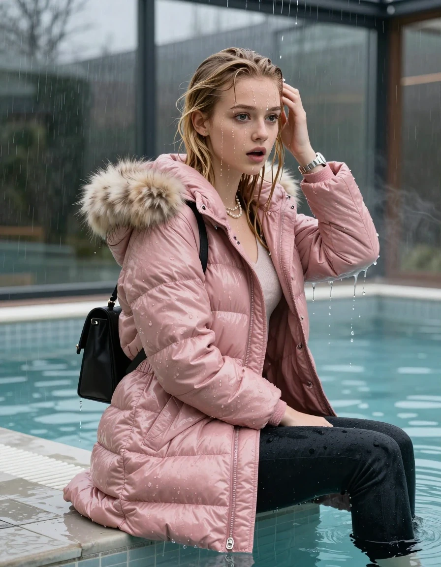 photo of young woman, in soaking wet, drenched clothes,
, Dark skinny jeans, pink moncler long shiny puffer down coat with fur, Open jacket, tight v-neck sweater, shoulderbag, pearl necklace, bracelet, wristwatch, Steaming indoor jacuzzi , 
enjoying, wet clothes stuck to body,
detailed textures of the wet clothes, wet face, wet plastered hair,
wet, drenched, professional, high-quality details, full body view.
sharp focus, ultra-high pixel detail, realistic, high-quality, full colors, incredibly detailed, 4k, 8k, 16k, hyper-realistic, RAW photo, masterpiece, ultra-detailed, professionally color graded, professional photograph, A realistic vertical fashion photograph taken from a backward, behind-the-back angle of a 15-year-old teenage girl sitting  in a glass-walled outdoor swimming pool, facing to the camera to show her back. She is tilting her head at camera, letting the water drench her hair so it is glued flat against her head and body. She has blonde sleek long straight hair with middle parting, completely saturated and dripping wet hair, with water cascading down her face and neck. Afraid and astonished expression. She hold a hand in front of her head. open mouth, big eyes. The lighting is bright and cinematic, highlighting the glistening water droplets on her skin and the saturated texture of her  casual clothes. Outside the large glass wall of the pool building, heavy rain is visible falling against the window. Soft, moody indoor lighting with reflections on the water. High-quality fashion photography style.
her clothing is soaking wet and clinging tightly to her skin, showing heavy wet folds, darkened fabric texture, and deep water-saturated Patches, her clothes are heavy from the water, water runs from her body and her clothes in streams. A lot of water also runs out of her clothes. Her clothes are darkened by the water. 
hyper-realistic wetness, high-contrast water sheen, sharp focus, 16k resolution, professional photography, realistic water physics., wet skin, wet clothes, damp fabric, wet skin, wet clothes, damp fabric, wet skin, wet clothes, damp fabric, wet skin, wet clothes, damp fabric, wet skin, wet clothes, damp fabric, wet skin, wet clothes, damp fabric, wet skin, wet clothes, damp fabric, wet skin, wet clothes, damp fabric, wet skin, wet clothes, damp fabric, wet skin, wet clothes, damp fabric, wet skin, wet clothes, damp fabric, wet skin, wet clothes, damp fabric, wet skin, wet clothes, damp fabric, wet skin, wet clothes, damp fabric, wet skin, wet clothes, damp fabric, wet skin, wet clothes, damp fabric, wet skin, wet clothes, damp fabric, wet skin, wet clothes, damp fabric