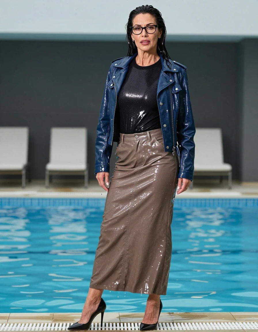 photo of young woman, in soaking wet, drenched clothes,
high-heeled shoes, shiny dark light brown leather denim maxi skirt, shiny black sweater, maxi shiny dark blue leather denim jacket, after swim in pool, enjoying wet clothes stuck body, enjoying, wet clothes stuck to body, 
enjoying, wet clothes stuck to body,
detailed textures of the wet clothes, wet face, wet plastered hair,
wet, drenched, professional, high-quality details, full body view.
sharp focus, ultra-high pixel detail, realistic, high-quality, full colors, incredibly detailed, 4k, 8k, 16k, hyper-realistic, RAW photo, masterpiece, ultra-detailed, professionally color graded, professional photograph, europen brunette skinny woman 50 years old, long dark black hair, office glasses, very big and thick lips, complete body, wet skin, wet clothes, damp fabric, wet skin, wet clothes, damp fabric, wet skin, wet clothes, damp fabric, wet skin, wet clothes, damp fabric, wet skin, wet clothes, damp fabric, wet skin, wet clothes, damp fabric, wet skin, wet clothes, damp fabric