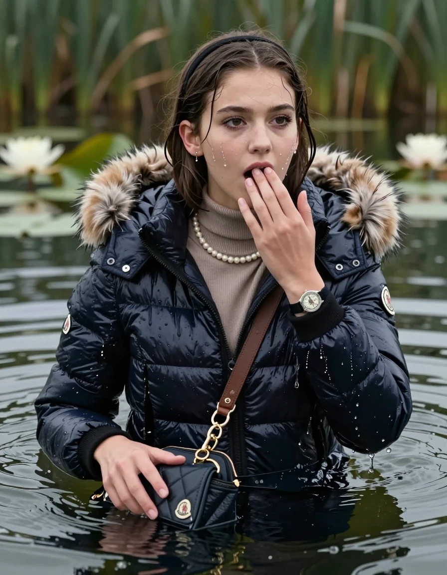 photo of young woman, in soaking wet, drenched clothes,
, , Moncler shiny puffer down jacket with fur, open jacket,  tight turtleneck sweater belly free, shoulderbag, pearl necklace, bracelet, wristwatch, Swimming and sinking deep into the water after diving in a lake with water lilies and reeds, 
enjoying, wet clothes stuck to body,
detailed textures of the wet clothes, wet face, wet plastered hair,
wet, drenched, professional, high-quality details, full body view.
sharp focus, ultra-high pixel detail, realistic, high-quality, full colors, incredibly detailed, 4k, 8k, 16k, hyper-realistic, RAW photo, masterpiece, ultra-detailed, professionally color graded, professional photograph, collarbone bob, hairband

15 years old  teenage girl

Looking away, Whole body and shoulders are submerged under the surface. open mouth, big eyes. Make-up.

she is completely underwater up to her neck.

one hand over her mouth.

her submerged clothes are hardly vusible under water, she soaked her handbag into the water
she is completely underwater up to her neck, astonished expression. 

her clothing is soaking wet and clinging tightly to her skin, showing heavy wet folds, darkened fabric texture, and deep water-saturated Patches, her clothes are heavy from the water, water runs from her body and her clothes in streams. A lot of water also runs out of her clothes. Her clothes are darkened by the water. Her submerged clothes are good visible under the water.  she soaked her handbag into the water.

close up view, wet skin, wet clothes, wet hair, damp fabric, water runs down the clothes, wet skin, wet clothes, damp fabric. cinematic medium shot, hyper-realistic wetness, high-contrast water sheen, sharp focus, 16k resolution, professional photography, realistic water physics., wet skin, wet clothes, damp fabric, wet skin, wet clothes, damp fabric, wet skin, wet clothes, damp fabric, wet skin, wet clothes, damp fabric, wet skin, wet clothes, damp fabric