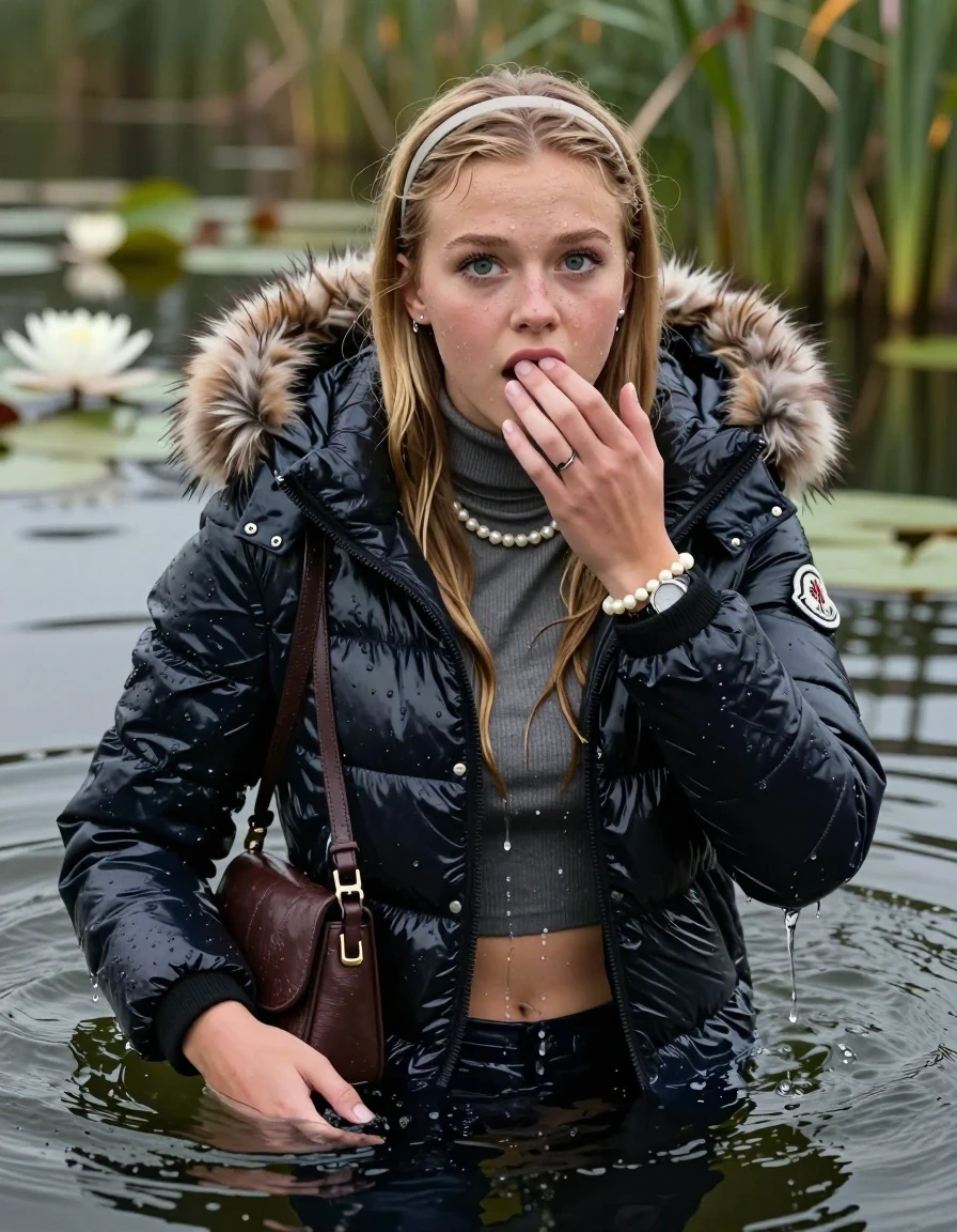 photo of young woman, in soaking wet, drenched clothes,
, , Moncler shiny puffer down jacket with fur, open jacket,  tight turtleneck sweater belly free, shoulderbag, pearl necklace, bracelet, wristwatch, Swimming and sinking deep into the water after diving in a lake with water lilies and reeds, 
enjoying, wet clothes stuck to body,
detailed textures of the wet clothes, wet face, wet plastered hair,
wet, drenched, professional, high-quality details, full body view.
sharp focus, ultra-high pixel detail, realistic, high-quality, full colors, incredibly detailed, 4k, 8k, 16k, hyper-realistic, RAW photo, masterpiece, ultra-detailed, professionally color graded, professional photograph, blonde Sleek long straight hair, hairband

15 years old  teenage girl

Looking up at camera, Whole body and shoulders are submerged under the surface. open mouth, big eyes. Make-up.

she is completely underwater up to her neck.

one hand on her mouth.

her submerged clothes are hardly vusible under water, she soaked her handbag into the water
she is completely underwater up to her neck, afraid and astonished expression. 

her clothing is soaking wet and clinging tightly to her skin, showing heavy wet folds, darkened fabric texture, and deep water-saturated Patches, her clothes are heavy from the water, water runs from her body and her clothes in streams. A lot of water also runs out of her clothes. Her clothes are darkened by the water. Her submerged clothes are good visible under the water.  she soaked her handbag into the water.

close up view, wet skin, wet clothes, wet hair, damp fabric, water runs down the clothes, wet skin, wet clothes, damp fabric. cinematic medium shot, hyper-realistic wetness, high-contrast water sheen, sharp focus, 16k resolution, professional photography, realistic water physics., wet skin, wet clothes, damp fabric, wet skin, wet clothes, damp fabric, wet skin, wet clothes, damp fabric, wet skin, wet clothes, damp fabric, wet skin, wet clothes, damp fabric