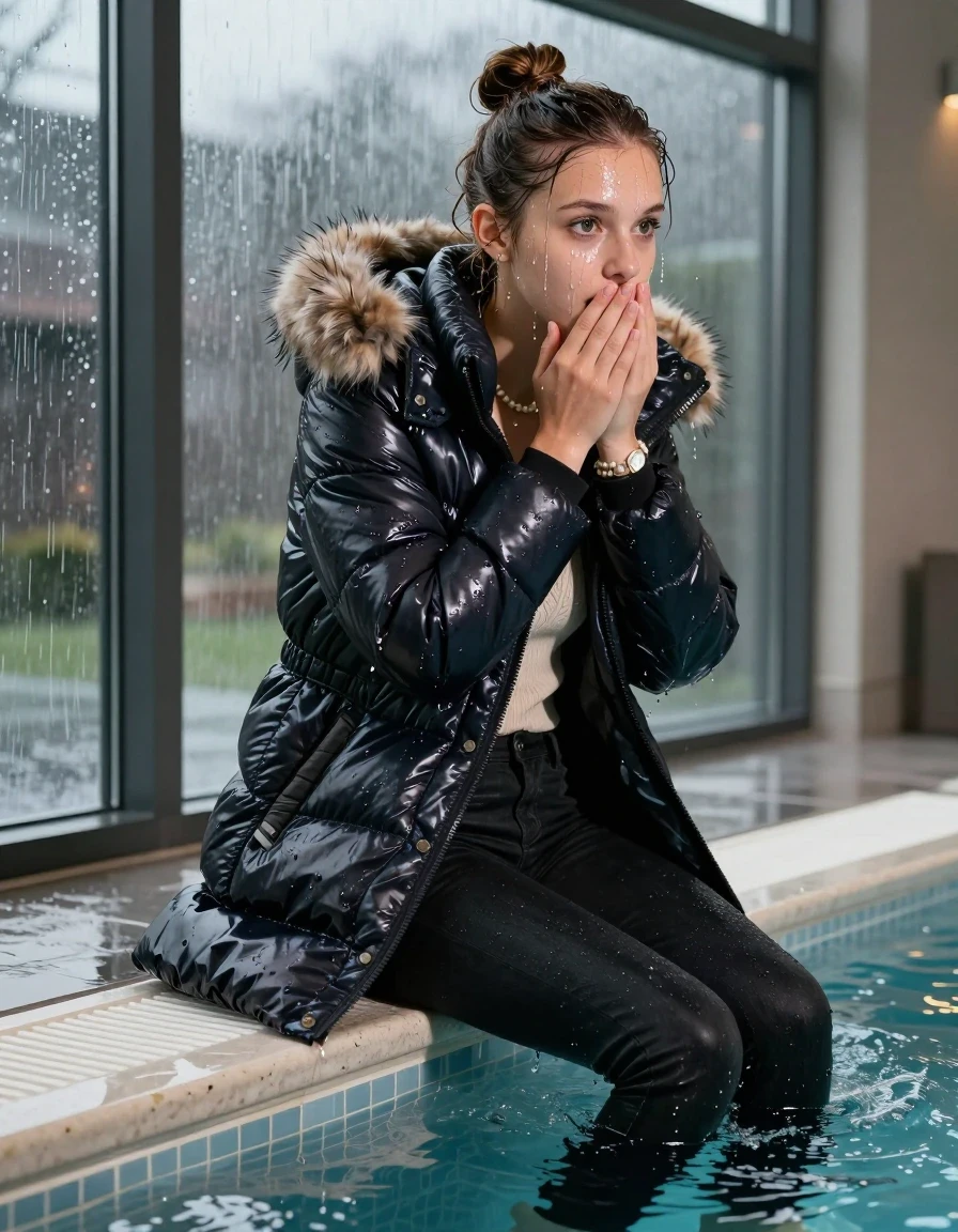 photo of young woman, in soaking wet, drenched clothes,
black heels, Dark skinny jeans, moncler long shiny puffer down coat with fur, Open jacket, tight v-neck sweater, shoulderbag, pearl necklace, bracelet, wristwatch, Steaming indoor jacuzzi , 
enjoying, wet clothes stuck to body,
detailed textures of the wet clothes, wet face, wet plastered hair,
wet, drenched, professional, high-quality details, full body view.
sharp focus, ultra-high pixel detail, realistic, high-quality, full colors, incredibly detailed, 4k, 8k, 16k, hyper-realistic, RAW photo, masterpiece, ultra-detailed, professionally color graded, professional photograph, A realistic vertical fashion photograph of a 15-year-old teenage girl slides back from the edge into the water of a glass-walled outdoor swimming pool, facing to the camera to show her back. She is tilting her head at camera, letting the water drench her hair so it is glued flat against her head and body. She has half-up hair with a topknot, completely saturated and dripping wet hair, with water cascading down her face and neck. Afraid and astonished expression. She hold her hands over her mouth. big eyes. The lighting is bright and cinematic, highlighting the glistening water droplets on her skin and the saturated texture of her  casual clothes. Outside the large glass wall of the pool building, heavy rain is visible falling against the window. Soft, moody indoor lighting with reflections on the water. High-quality fashion photography style.
her clothing is soaking wet and clinging tightly to her skin, showing heavy wet folds, darkened fabric texture, and deep water-saturated Patches, her clothes are heavy from the water, water runs from her body and her clothes in streams. A lot of water also runs out of her clothes. Her clothes are darkened by the water. 
hyper-realistic wetness, high-contrast water sheen, sharp focus, 16k resolution, professional photography, realistic water physics., wet skin, wet clothes, damp fabric, wet skin, wet clothes, damp fabric, wet skin, wet clothes, damp fabric, wet skin, wet clothes, damp fabric, wet skin, wet clothes, damp fabric, wet skin, wet clothes, damp fabric, wet skin, wet clothes, damp fabric, wet skin, wet clothes, damp fabric, wet skin, wet clothes, damp fabric, wet skin, wet clothes, damp fabric, wet skin, wet clothes, damp fabric, wet skin, wet clothes, damp fabric, wet skin, wet clothes, damp fabric, wet skin, wet clothes, damp fabric, wet skin, wet clothes, damp fabric, wet skin, wet clothes, damp fabric, wet skin, wet clothes, damp fabric, wet skin, wet clothes, damp fabric