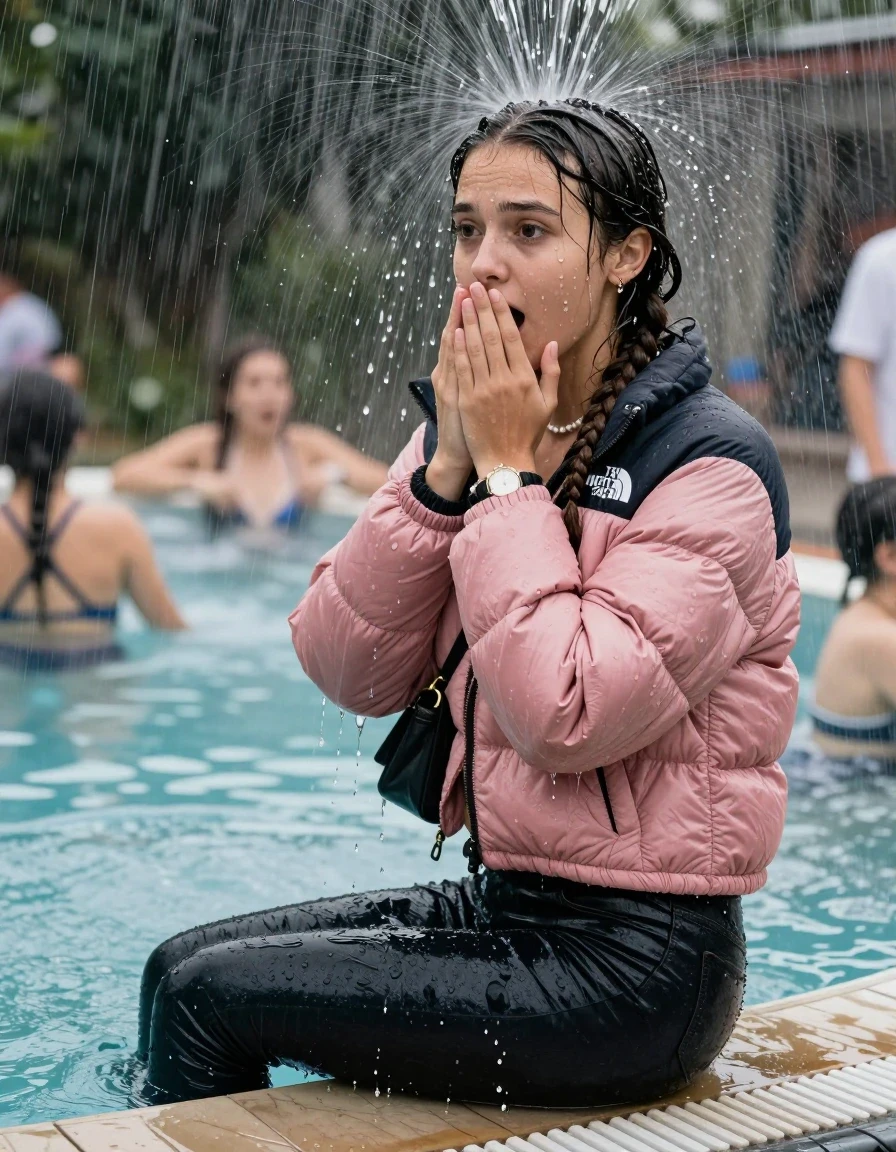 photo of young woman, in soaking wet, drenched clothes,
, Dark skinny jeans, Pink north face puffer down jacket, Open jacket, tight v-neck sweater, shoulderbag, pearl necklace, bracelet, wristwatch, Steaming outdoor jacuzzi at crowded pool party, 
enjoying, wet clothes stuck to body,
detailed textures of the wet clothes, wet face, wet plastered hair,
wet, drenched, professional, high-quality details, full body view.
sharp focus, ultra-high pixel detail, realistic, high-quality, full colors, incredibly detailed, 4k, 8k, 16k, hyper-realistic, RAW photo, masterpiece, ultra-detailed, professionally color graded, professional photograph, A realistic vertical fashion photograph taken from a backward, behind-the-back angle of a young teenage girl sitting on the edge of the pool while it pours water on her during a heavy storm, facing to the camera to show her back. She is tilting her head at camera, letting the water drench her hair so it is glued flat against her head and body. She has two long braids , completely saturated and dripping wet hair, with water cascading down her face and neck. Afraid and astonished expression. cover her mouth with her hands. open mouth, big eyes. The lighting is bright and cinematic, highlighting the glistening water droplets on her skin and the saturated texture of her  casual clothes. Soft, moody indoor lighting with reflections on the water. High-quality fashion photography style.
her clothing is soaking wet and clinging tightly to her skin, showing heavy wet folds, darkened fabric texture, and deep water-saturated Patches, her clothes are heavy from the water, water runs from her body and her clothes in streams. A lot of water also runs out of her clothes. Her clothes are darkened by the water. 
hyper-realistic wetness, high-contrast water sheen, sharp focus, 16k resolution, professional photography, realistic water physics., wet skin, wet clothes, damp fabric, wet skin, wet clothes, damp fabric, wet skin, wet clothes, damp fabric, wet skin, wet clothes, damp fabric, wet skin, wet clothes, damp fabric, wet skin, wet clothes, damp fabric, wet skin, wet clothes, damp fabric, wet skin, wet clothes, damp fabric, wet skin, wet clothes, damp fabric, wet skin, wet clothes, damp fabric, wet skin, wet clothes, damp fabric, wet skin, wet clothes, damp fabric, wet skin, wet clothes, damp fabric, wet skin, wet clothes, damp fabric, wet skin, wet clothes, damp fabric, wet skin, wet clothes, damp fabric