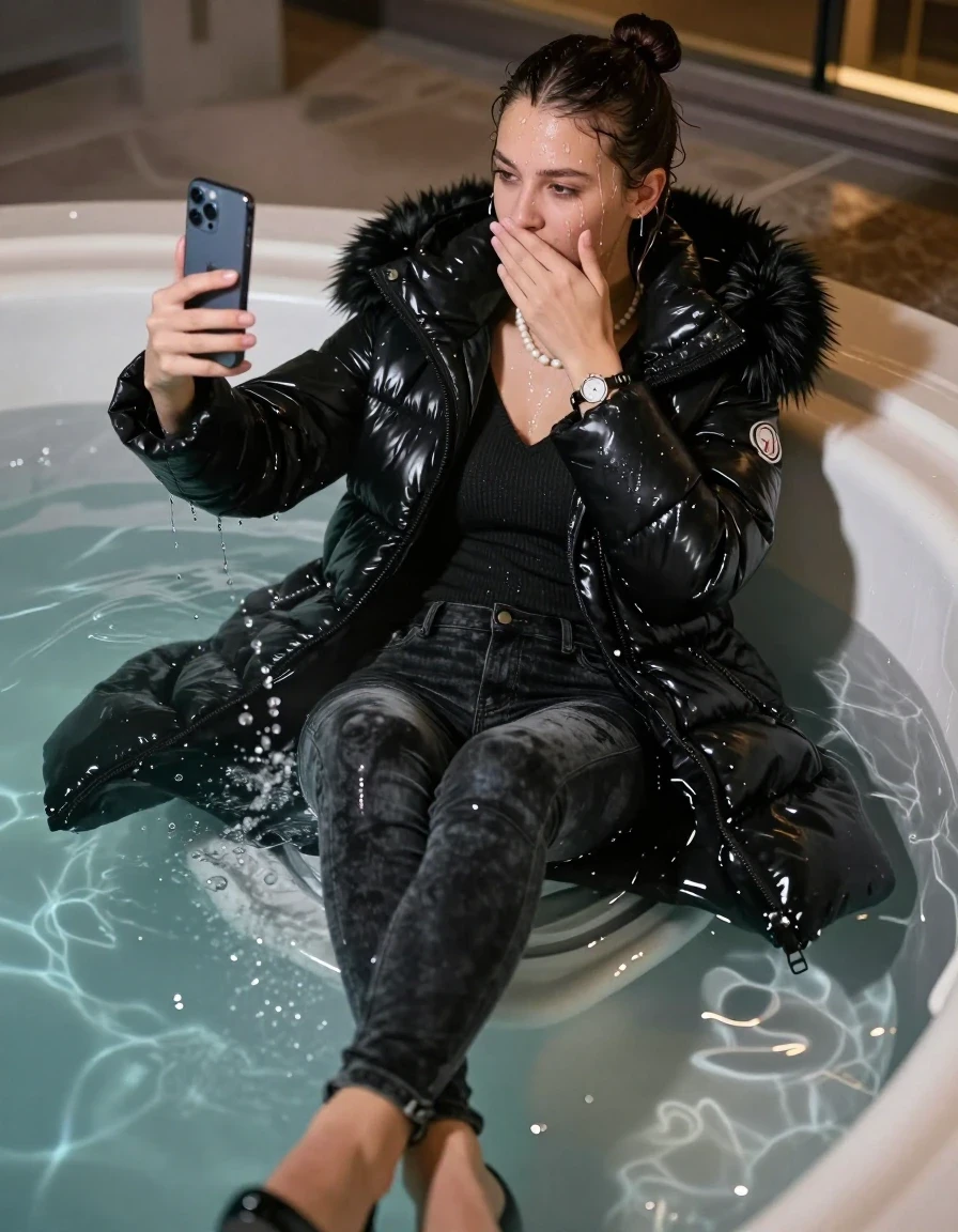 photo of young woman, in soaking wet, drenched clothes,
black heels, Dark skinny jeans, black moncler long shiny puffer down coat with fur, Open jacket, tight v-neck sweater, shoulderbag, pearl necklace, bracelet, wristwatch, Steaming indoor jacuzzi at night, warm lightning, 
enjoying, wet clothes stuck to body,
detailed textures of the wet clothes, wet face, wet plastered hair,
wet, drenched, professional, high-quality details, full body view.
sharp focus, ultra-high pixel detail, realistic, high-quality, full colors, incredibly detailed, 4k, 8k, 16k, hyper-realistic, RAW photo, masterpiece, ultra-detailed, professionally color graded, professional photograph, A realistic vertical fashion photograph of a 15-year-old teenage girl lying half submerged into the water of a steaming indoor jacuzzi, facing away to show her back. She is tilting her head at camera, letting the water drench her hair so it is glued flat against her head and body. She has a topknot, completely saturated and dripping wet hair, with water cascading down her face and neck. relaxed expression. She hold a hand over her mouth and nose and take a selfie with her smartphone. half closed eyes eyes. The lighting is bright and cinematic, highlighting the glistening water droplets on her skin and the saturated texture of her  casual clothes. Soft, moody indoor lighting with reflections on the water. High-quality fashion photography style.
her clothing is soaking wet and clinging tightly to her skin, showing heavy wet folds, darkened fabric texture, and deep water-saturated Patches, her clothes are heavy from the water, water runs from her body and her clothes in streams. A lot of water also runs out of her clothes. Her clothes are darkened by the water. 
hyper-realistic wetness, high-contrast water sheen, sharp focus, 16k resolution, professional photography, realistic water physics., wet skin, wet clothes, damp fabric, wet skin, wet clothes, damp fabric, wet skin, wet clothes, damp fabric, wet skin, wet clothes, damp fabric, wet skin, wet clothes, damp fabric, wet skin, wet clothes, damp fabric, wet skin, wet clothes, damp fabric, wet skin, wet clothes, damp fabric, wet skin, wet clothes, damp fabric, wet skin, wet clothes, damp fabric, wet skin, wet clothes, damp fabric, wet skin, wet clothes, damp fabric, wet skin, wet clothes, damp fabric, wet skin, wet clothes, damp fabric, wet skin, wet clothes, damp fabric, wet skin, wet clothes, damp fabric, wet skin, wet clothes, damp fabric, wet skin, wet clothes, damp fabric