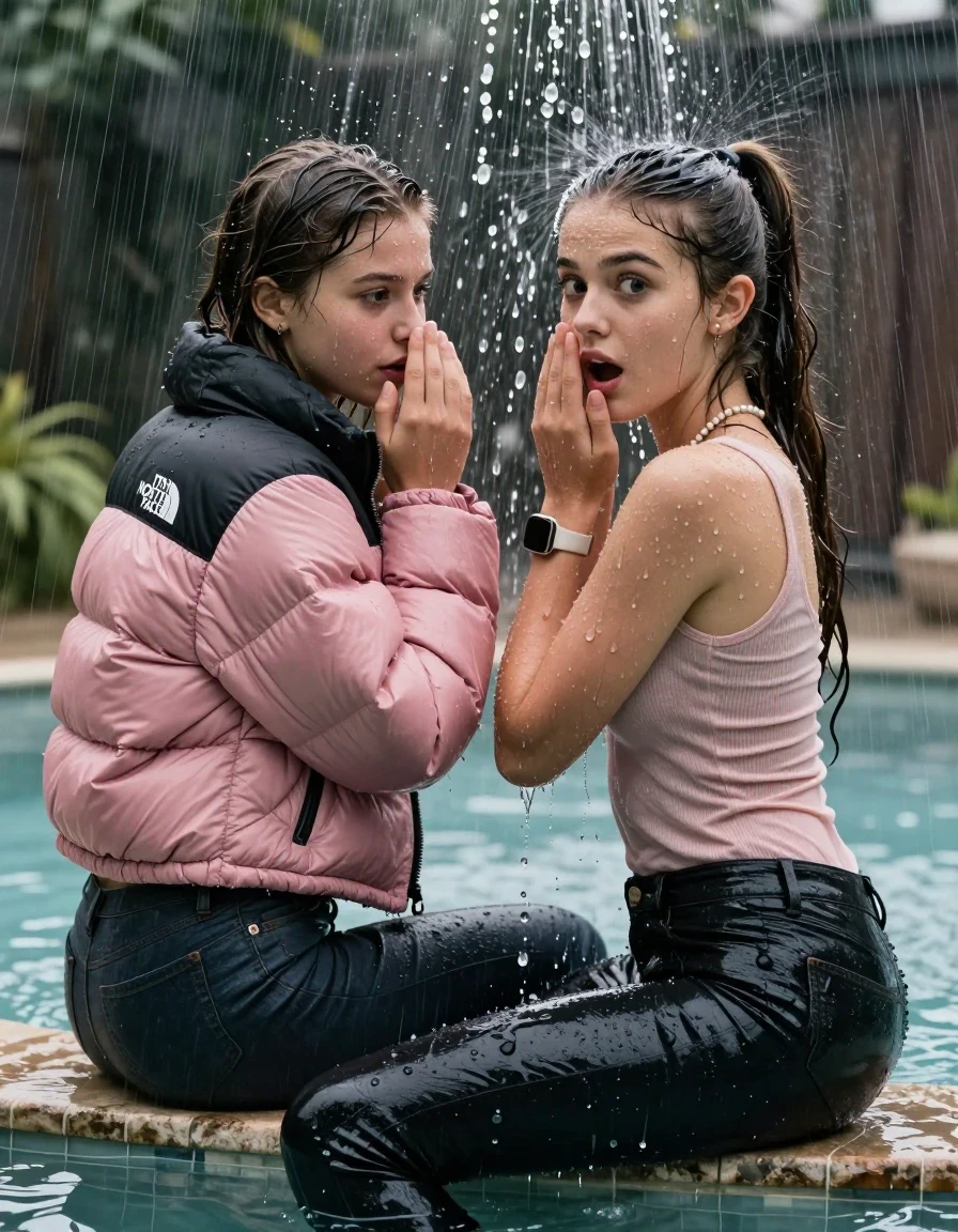 photo of young woman, in soaking wet, drenched clothes,
, Dark skinny jeans, Pink north face puffer down jacket, Open jacket, tight v-neck sweater, shoulderbag, pearl necklace, bracelet, wristwatch, Steaming outdoor jacuzzi , 
enjoying, wet clothes stuck to body,
detailed textures of the wet clothes, wet face, wet plastered hair,
wet, drenched, professional, high-quality details, full body view.
sharp focus, ultra-high pixel detail, realistic, high-quality, full colors, incredibly detailed, 4k, 8k, 16k, hyper-realistic, RAW photo, masterpiece, ultra-detailed, professionally color graded, professional photograph, A realistic vertical fashion photograph taken from a backward, behind-the-back angle of two young cute teenage girl sitting on the edge of the pool while it pours water on her during a heavy storm, facing to the camera to show her back. She is tilting her head at camera, letting the water drench her hair so it is glued flat against her head and body. One hold hand in front of her nose. One hold her hand on her mouth. She is tilting her head down, letting the water drench her hair so it is glued flat against her head and body. She has Sleek  straight long hair with hairband and one has a sleek ponytail, completely saturated and dripping wet hair, with water cascading down her face and neck, surprised and shocked expression.open mouth, big eyes. The lighting is bright and cinematic, highlighting the glistening water droplets on her skin and the saturated texture of her  casual clothes. Soft, moody indoor lighting with reflections on the water. High-quality fashion photography style.
her clothing is soaking wet and clinging tightly to her skin, showing heavy wet folds, darkened fabric texture, and deep water-saturated Patches, her clothes are heavy from the water, water runs from her body and her clothes in streams. A lot of water also runs out of her clothes. Her clothes are darkened by the water. 
hyper-realistic wetness, high-contrast water sheen, sharp focus, 16k resolution, professional photography, realistic water physics., wet skin, wet clothes, damp fabric, wet skin, wet clothes, damp fabric, wet skin, wet clothes, damp fabric, wet skin, wet clothes, damp fabric, wet skin, wet clothes, damp fabric, wet skin, wet clothes, damp fabric, wet skin, wet clothes, damp fabric, wet skin, wet clothes, damp fabric, wet skin, wet clothes, damp fabric, wet skin, wet clothes, damp fabric, wet skin, wet clothes, damp fabric, wet skin, wet clothes, damp fabric, wet skin, wet clothes, damp fabric, wet skin, wet clothes, damp fabric, wet skin, wet clothes, damp fabric, wet skin, wet clothes, damp fabric