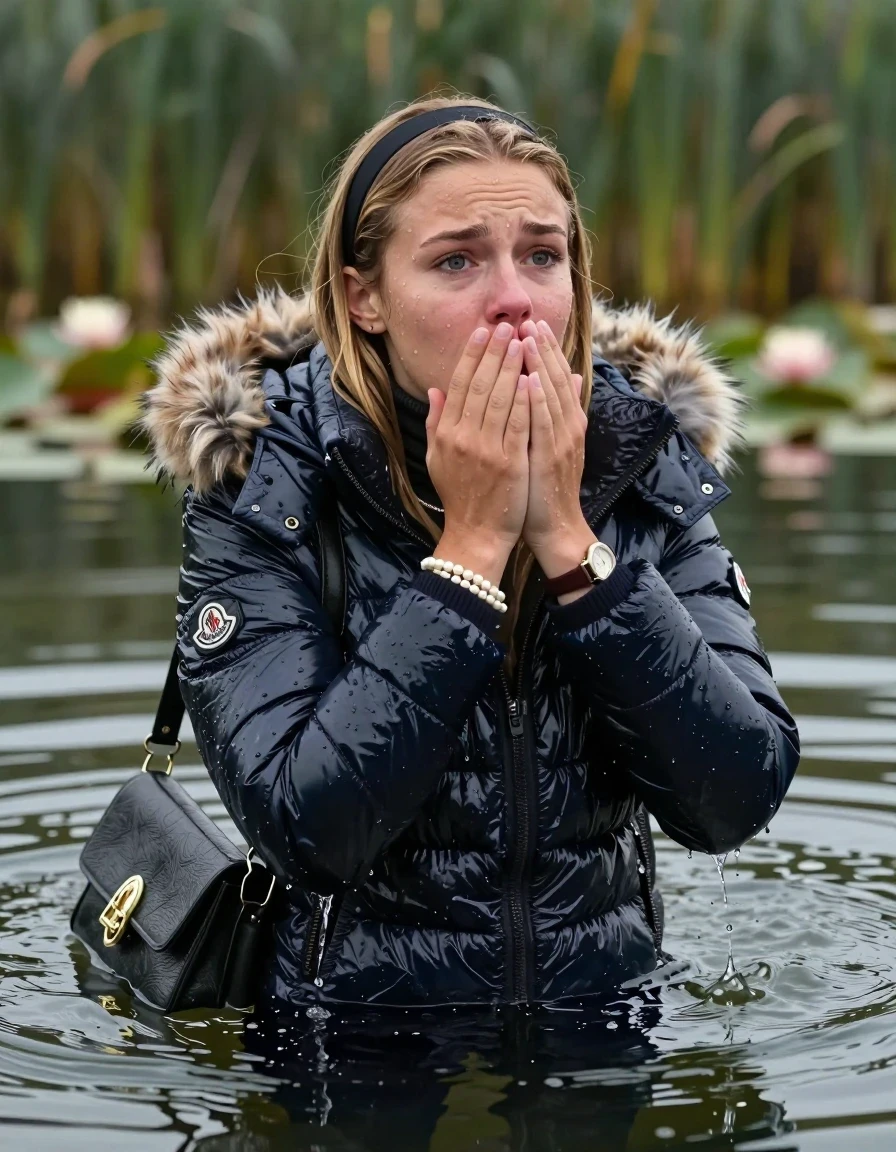 photo of young woman, in soaking wet, drenched clothes,
, , Moncler shiny puffer down jacket with fur, open jacket,  tight turtleneck sweater belly free, shoulderbag, pearl necklace, bracelet, wristwatch, Swimming and sinking deep into the water after diving in a lake with water lilies and reeds, 
enjoying, wet clothes stuck to body,
detailed textures of the wet clothes, wet face, wet plastered hair,
wet, drenched, professional, high-quality details, full body view.
sharp focus, ultra-high pixel detail, realistic, high-quality, full colors, incredibly detailed, 4k, 8k, 16k, hyper-realistic, RAW photo, masterpiece, ultra-detailed, professionally color graded, professional photograph, blonde Sleek long straight hair, hairband

15 years old  teenage girl

Looking up at camera, Whole body and shoulders are submerged under the surface. horny eyes. Make-up.

she is completely underwater up to her neck,  crying and astonished expression. 

Leaning back. Hands over mouth and nose. 

her submerged clothes are hardly vusible under water, she soaked her handbag into the water
she is completely underwater up to her neck, afraid and astonished expression. 

her clothing is soaking wet and clinging tightly to her skin, showing heavy wet folds, darkened fabric texture, and deep water-saturated Patches, her clothes are heavy from the water, water runs from her body and her clothes in streams. A lot of water also runs out of her clothes. Her clothes are darkened by the water. Her submerged clothes are good visible under the water.  she soaked her handbag into the water.

close up view, wet skin, wet clothes, wet hair, damp fabric, water runs down the clothes, wet skin, wet clothes, damp fabric. cinematic medium shot, hyper-realistic wetness, high-contrast water sheen, sharp focus, 16k resolution, professional photography, realistic water physics., wet skin, wet clothes, damp fabric, wet skin, wet clothes, damp fabric, wet skin, wet clothes, damp fabric, wet skin, wet clothes, damp fabric, wet skin, wet clothes, damp fabric