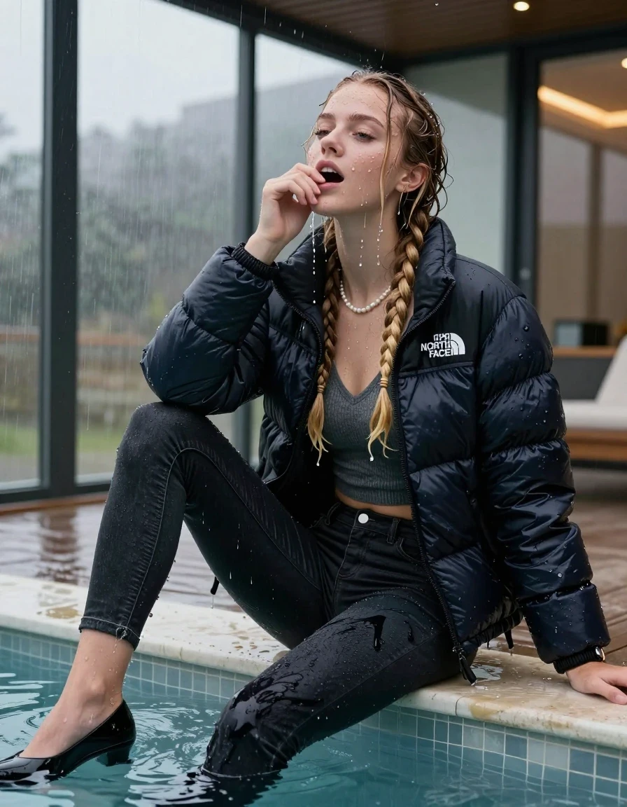 photo of young woman, in soaking wet, drenched clothes,
black heels, Dark skinny jeans,  north face puffer down jacket, Open jacket, tight v-neck sweater, shoulderbag, pearl necklace, bracelet, wristwatch, Steaming indoor jacuzzi , 
enjoying, wet clothes stuck to body,
detailed textures of the wet clothes, wet face, wet plastered hair,
wet, drenched, professional, high-quality details, full body view.
sharp focus, ultra-high pixel detail, realistic, high-quality, full colors, incredibly detailed, 4k, 8k, 16k, hyper-realistic, RAW photo, masterpiece, ultra-detailed, professionally color graded, professional photograph, A realistic vertical fashion photograph of a 15-year-old teenage girl sitting  in a glass-walled outdoor swimming pool, legs apart, hold her hands over her mouth, looking up to the camera. She is tilting her head up, letting the water drench her hair so it is glued flat against her head and body. She has two blonde long braids , completely saturated and dripping wet hair, with water cascading down her face and neck. Horny and aroused expression. open mouth, closed eyes. The lighting is bright and cinematic, highlighting the glistening water droplets on her skin and the saturated texture of her  casual clothes. Outside the large glass wall of the pool building, heavy rain is visible falling against the window. Soft, moody indoor lighting with reflections on the water. High-quality fashion photography style.
her clothing is soaking wet and clinging tightly to her skin, showing heavy wet folds, darkened fabric texture, and deep water-saturated Patches, her clothes are heavy from the water, water runs from her body and her clothes in streams. A lot of water also runs out of her clothes. Her clothes are darkened by the water. 
hyper-realistic wetness, high-contrast water sheen, sharp focus, 16k resolution, professional photography, realistic water physics., wet skin, wet clothes, damp fabric, wet skin, wet clothes, damp fabric, wet skin, wet clothes, damp fabric, wet skin, wet clothes, damp fabric, wet skin, wet clothes, damp fabric, wet skin, wet clothes, damp fabric, wet skin, wet clothes, damp fabric, wet skin, wet clothes, damp fabric, wet skin, wet clothes, damp fabric, wet skin, wet clothes, damp fabric, wet skin, wet clothes, damp fabric, wet skin, wet clothes, damp fabric, wet skin, wet clothes, damp fabric, wet skin, wet clothes, damp fabric, wet skin, wet clothes, damp fabric, wet skin, wet clothes, damp fabric