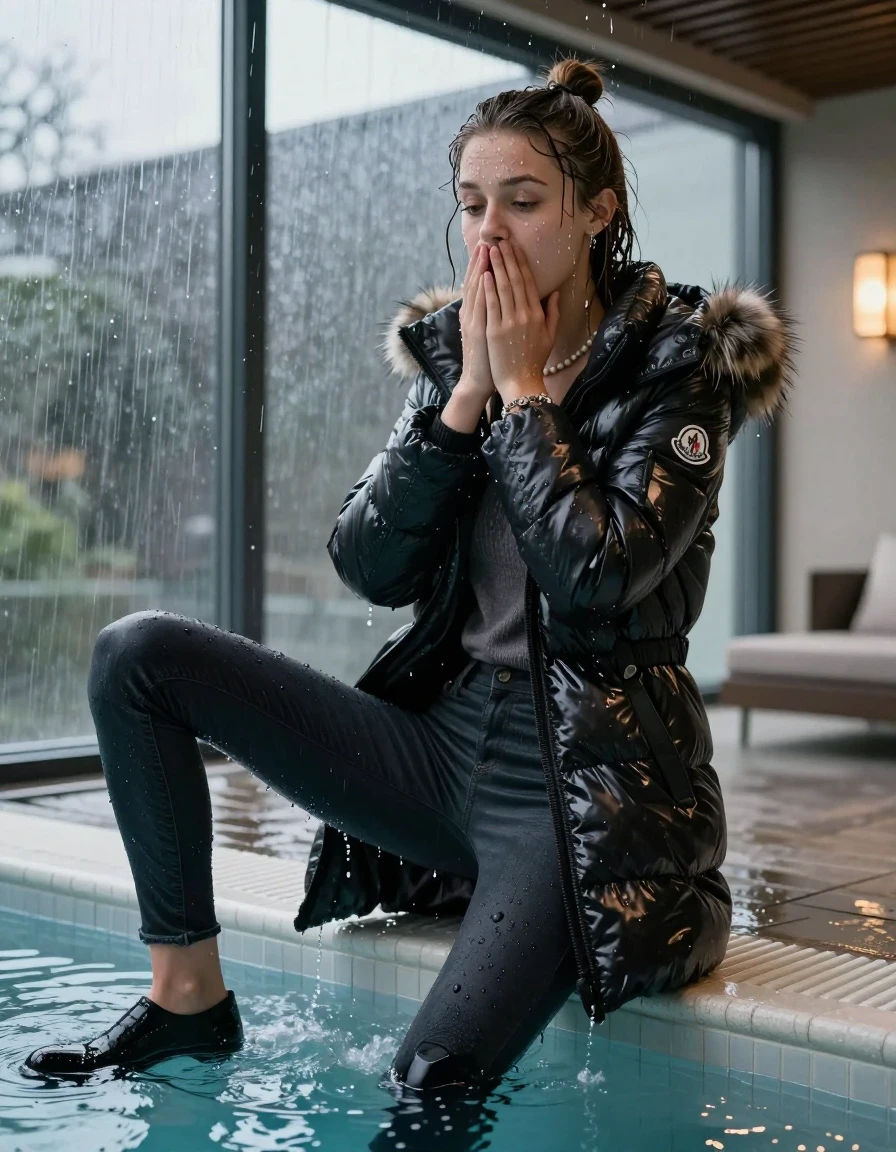 photo of young woman, in soaking wet, drenched clothes,
black heels, Dark skinny jeans, moncler long shiny puffer down coat with fur, Open jacket, tight v-neck sweater, shoulderbag, pearl necklace, bracelet, wristwatch, Steaming indoor jacuzzi , 
enjoying, wet clothes stuck to body,
detailed textures of the wet clothes, wet face, wet plastered hair,
wet, drenched, professional, high-quality details, full body view.
sharp focus, ultra-high pixel detail, realistic, high-quality, full colors, incredibly detailed, 4k, 8k, 16k, hyper-realistic, RAW photo, masterpiece, ultra-detailed, professionally color graded, professional photograph, A realistic vertical fashion photograph of a 15-year-old teenage girl slides back from the edge into the water of a glass-walled outdoor swimming pool, facing up to show her back. She is tilting her head at camera, letting the water drench her hair so it is glued flat against her head and body. She has half-up hair with a topknot, completely saturated and dripping wet hair, with water cascading down her face and neck. Afraid and astonished expression. She hold her hands over her mouth. half closed eyes eyes. The lighting is bright and cinematic, highlighting the glistening water droplets on her skin and the saturated texture of her  casual clothes. Outside the large glass wall of the pool building, heavy rain is visible falling against the window. Soft, moody indoor lighting with reflections on the water. High-quality fashion photography style.
her clothing is soaking wet and clinging tightly to her skin, showing heavy wet folds, darkened fabric texture, and deep water-saturated Patches, her clothes are heavy from the water, water runs from her body and her clothes in streams. A lot of water also runs out of her clothes. Her clothes are darkened by the water. 
hyper-realistic wetness, high-contrast water sheen, sharp focus, 16k resolution, professional photography, realistic water physics., wet skin, wet clothes, damp fabric, wet skin, wet clothes, damp fabric, wet skin, wet clothes, damp fabric, wet skin, wet clothes, damp fabric, wet skin, wet clothes, damp fabric, wet skin, wet clothes, damp fabric, wet skin, wet clothes, damp fabric, wet skin, wet clothes, damp fabric, wet skin, wet clothes, damp fabric, wet skin, wet clothes, damp fabric, wet skin, wet clothes, damp fabric, wet skin, wet clothes, damp fabric, wet skin, wet clothes, damp fabric, wet skin, wet clothes, damp fabric, wet skin, wet clothes, damp fabric, wet skin, wet clothes, damp fabric, wet skin, wet clothes, damp fabric, wet skin, wet clothes, damp fabric