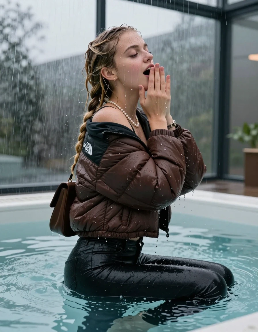 photo of young woman, in soaking wet, drenched clothes,
, Dark skinny jeans, brown north face puffer down jacket, Open jacket, tight v-neck sweater, shoulderbag, pearl necklace, bracelet, wristwatch, Orgasm in Steaming indoor jacuzzi , 
enjoying, wet clothes stuck to body,
detailed textures of the wet clothes, wet face, wet plastered hair,
wet, drenched, professional, high-quality details, full body view.
sharp focus, ultra-high pixel detail, realistic, high-quality, full colors, incredibly detailed, 4k, 8k, 16k, hyper-realistic, RAW photo, masterpiece, ultra-detailed, professionally color graded, professional photograph, A realistic vertical fashion photograph taken from a backward, behind-the-back angle of a 15-year-old teenage girl sitting  in a glass-walled outdoor swimming pool, facing to the camera to show her back. She is tilting her head up at camera, letting the water drench her hair so it is glued flat against her head and body. She has two blonde long braids , completely saturated and dripping wet hair, with water cascading down her face and neck. Horny and astonished expression. cover her mouth with her hands. open mouth, closed eyes. The lighting is bright and cinematic, highlighting the glistening water droplets on her skin and the saturated texture of her  casual clothes. Outside the large glass wall of the pool building, heavy rain is visible falling against the window. Soft, moody indoor lighting with reflections on the water. High-quality fashion photography style.
her clothing is soaking wet and clinging tightly to her skin, showing heavy wet folds, darkened fabric texture, and deep water-saturated Patches, her clothes are heavy from the water, water runs from her body and her clothes in streams. A lot of water also runs out of her clothes. Her clothes are darkened by the water. 
hyper-realistic wetness, high-contrast water sheen, sharp focus, 16k resolution, professional photography, realistic water physics., wet skin, wet clothes, damp fabric, wet skin, wet clothes, damp fabric, wet skin, wet clothes, damp fabric, wet skin, wet clothes, damp fabric, wet skin, wet clothes, damp fabric, wet skin, wet clothes, damp fabric, wet skin, wet clothes, damp fabric, wet skin, wet clothes, damp fabric, wet skin, wet clothes, damp fabric, wet skin, wet clothes, damp fabric, wet skin, wet clothes, damp fabric, wet skin, wet clothes, damp fabric, wet skin, wet clothes, damp fabric, wet skin, wet clothes, damp fabric, wet skin, wet clothes, damp fabric, wet skin, wet clothes, damp fabric, wet skin, wet clothes, damp fabric, wet skin, wet clothes, damp fabric