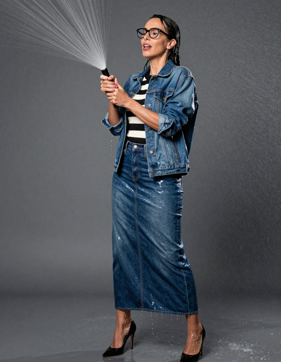 photo of young woman, in soaking wet, drenched clothes,
high-heeled shoes, shiny blue denim maxi skirt, shiny black & wihite striped sweater, maxi shiny blue denim jacket, spraying each other with the shower enjoying wet clothes stuck body, enjoying, wet clothes stuck to body, 
enjoying, wet clothes stuck to body,
detailed textures of the wet clothes, wet face, wet plastered hair,
wet, drenched, professional, high-quality details, full body view.
sharp focus, ultra-high pixel detail, realistic, high-quality, full colors, incredibly detailed, 4k, 8k, 16k, hyper-realistic, RAW photo, masterpiece, ultra-detailed, professionally color graded, professional photograph, europen brunette skinny woman 50 years old, long dark black hair, office glasses, very big and thick lips, complete body, wet skin, wet clothes, damp fabric, wet skin, wet clothes, damp fabric, wet skin, wet clothes, damp fabric, wet skin, wet clothes, damp fabric, wet skin, wet clothes, damp fabric, wet skin, wet clothes, damp fabric, wet skin, wet clothes, damp fabric