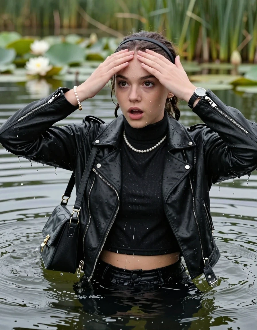 photo of young woman, in soaking wet, drenched clothes,
, , black biker leatherjacket,  tight turtleneck sweater belly free, shoulderbag, pearl necklace, bracelet, wristwatch, Swimming and sinking deep into the water after diving in a lake with water lilies and reeds, 
enjoying, wet clothes stuck to body,
detailed textures of the wet clothes, wet face, wet plastered hair,
wet, drenched, professional, high-quality details, full body view.
sharp focus, ultra-high pixel detail, realistic, high-quality, full colors, incredibly detailed, 4k, 8k, 16k, hyper-realistic, RAW photo, masterpiece, ultra-detailed, professionally color graded, professional photograph, braided hair, hairband

15 years old  teenage girl

Looking away, Whole body and shoulders are submerged under the surface. open mouth, big eyes. Make-up.

she is completely underwater up to her neck.

hands over her forehead.

her submerged clothes are hardly vusible under water, she soaked her handbag into the water
she is completely underwater up to her neck, astonished expression. 

her clothing is soaking wet and clinging tightly to her skin, showing heavy wet folds, darkened fabric texture, and deep water-saturated Patches, her clothes are heavy from the water, water runs from her body and her clothes in streams. A lot of water also runs out of her clothes. Her clothes are darkened by the water. Her submerged clothes are good visible under the water.  she soaked her handbag into the water.

close up view, wet skin, wet clothes, wet hair, damp fabric, water runs down the clothes, wet skin, wet clothes, damp fabric. cinematic medium shot, hyper-realistic wetness, high-contrast water sheen, sharp focus, 16k resolution, professional photography, realistic water physics., wet skin, wet clothes, damp fabric, wet skin, wet clothes, damp fabric, wet skin, wet clothes, damp fabric, wet skin, wet clothes, damp fabric, wet skin, wet clothes, damp fabric