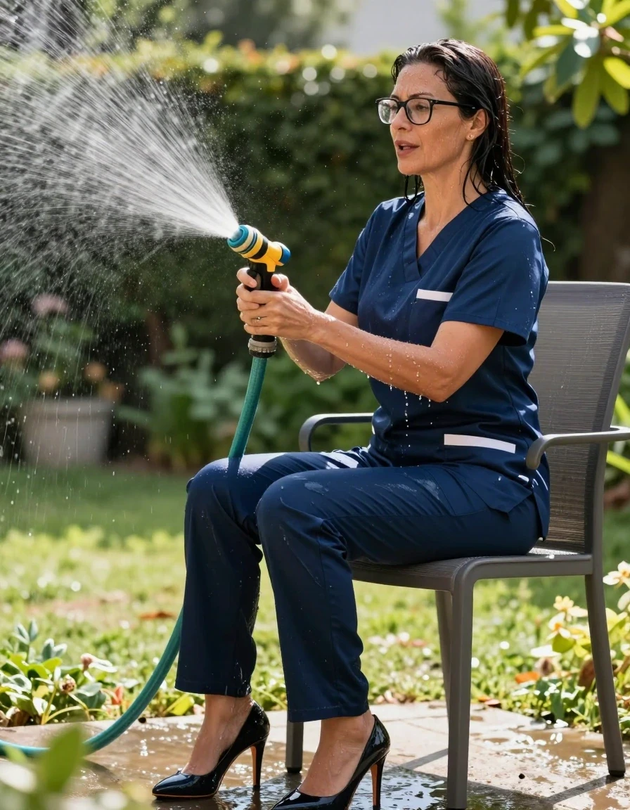 photo of young woman, in soaking wet, drenched clothes,
high-heeled shoes, shiny dark blue scrubs with white skirt, shiny dark blue scrubs, spraying each other with the hose in the sunny garden, enjoying wet clothes stuck body, enjoying, wet clothes stuck to body, 
enjoying, wet clothes stuck to body,
detailed textures of the wet clothes, wet face, wet plastered hair,
wet, drenched, professional, high-quality details, full body view.
sharp focus, ultra-high pixel detail, realistic, high-quality, full colors, incredibly detailed, 4k, 8k, 16k, hyper-realistic, RAW photo, masterpiece, ultra-detailed, professionally color graded, professional photograph, on the chair, europen brunette skinny woman 50 years old, long dark black hair, office glasses, very big and thick lips, complete body, wet skin, wet clothes, damp fabric, wet skin, wet clothes, damp fabric, wet skin, wet clothes, damp fabric, wet skin, wet clothes, damp fabric, wet skin, wet clothes, damp fabric, wet skin, wet clothes, damp fabric, wet skin, wet clothes, damp fabric