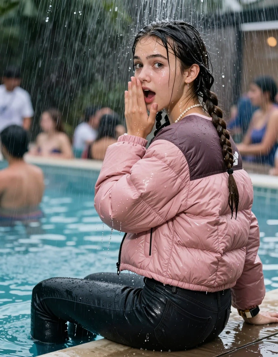 photo of young woman, in soaking wet, drenched clothes,
, Dark skinny jeans, Pink north face puffer down jacket, Open jacket, tight v-neck sweater, shoulderbag, pearl necklace, bracelet, wristwatch, Steaming outdoor jacuzzi at crowded pool party, 
enjoying, wet clothes stuck to body,
detailed textures of the wet clothes, wet face, wet plastered hair,
wet, drenched, professional, high-quality details, full body view.
sharp focus, ultra-high pixel detail, realistic, high-quality, full colors, incredibly detailed, 4k, 8k, 16k, hyper-realistic, RAW photo, masterpiece, ultra-detailed, professionally color graded, professional photograph, A realistic vertical fashion photograph taken from a backward, behind-the-back angle of a 15-year-old teenage girl sitting on the edge of the pool while it pours water on her during a heavy storm, facing to the camera to show her back. She is tilting her head at camera, letting the water drench her hair so it is glued flat against her head and body. She has two long braids , completely saturated and dripping wet hair, with water cascading down her face and neck. Afraid and astonished expression. cover her mouth with her hands. open mouth, big eyes. The lighting is bright and cinematic, highlighting the glistening water droplets on her skin and the saturated texture of her  casual clothes. Soft, moody indoor lighting with reflections on the water. High-quality fashion photography style.
her clothing is soaking wet and clinging tightly to her skin, showing heavy wet folds, darkened fabric texture, and deep water-saturated Patches, her clothes are heavy from the water, water runs from her body and her clothes in streams. A lot of water also runs out of her clothes. Her clothes are darkened by the water. 
hyper-realistic wetness, high-contrast water sheen, sharp focus, 16k resolution, professional photography, realistic water physics., wet skin, wet clothes, damp fabric, wet skin, wet clothes, damp fabric, wet skin, wet clothes, damp fabric, wet skin, wet clothes, damp fabric, wet skin, wet clothes, damp fabric, wet skin, wet clothes, damp fabric, wet skin, wet clothes, damp fabric, wet skin, wet clothes, damp fabric, wet skin, wet clothes, damp fabric, wet skin, wet clothes, damp fabric, wet skin, wet clothes, damp fabric, wet skin, wet clothes, damp fabric, wet skin, wet clothes, damp fabric, wet skin, wet clothes, damp fabric, wet skin, wet clothes, damp fabric, wet skin, wet clothes, damp fabric